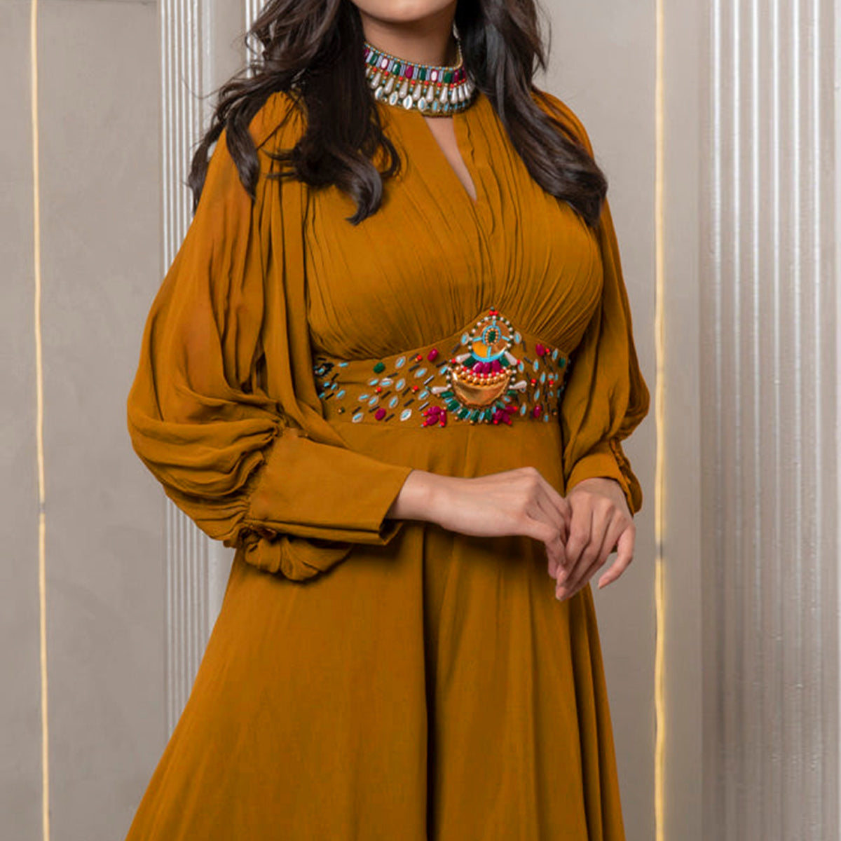 Peachmode Seller Brown Zardosi Work Georgette Jumpsuit - view 3
