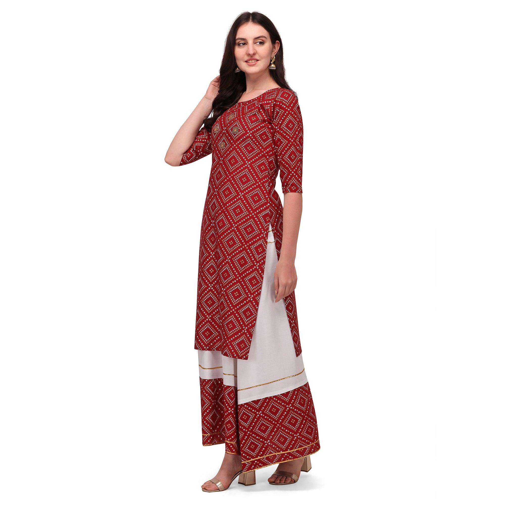 Peachmode Seller Maroon Casual Wear Printed Rayon Kurti - Skirt Set - view 2