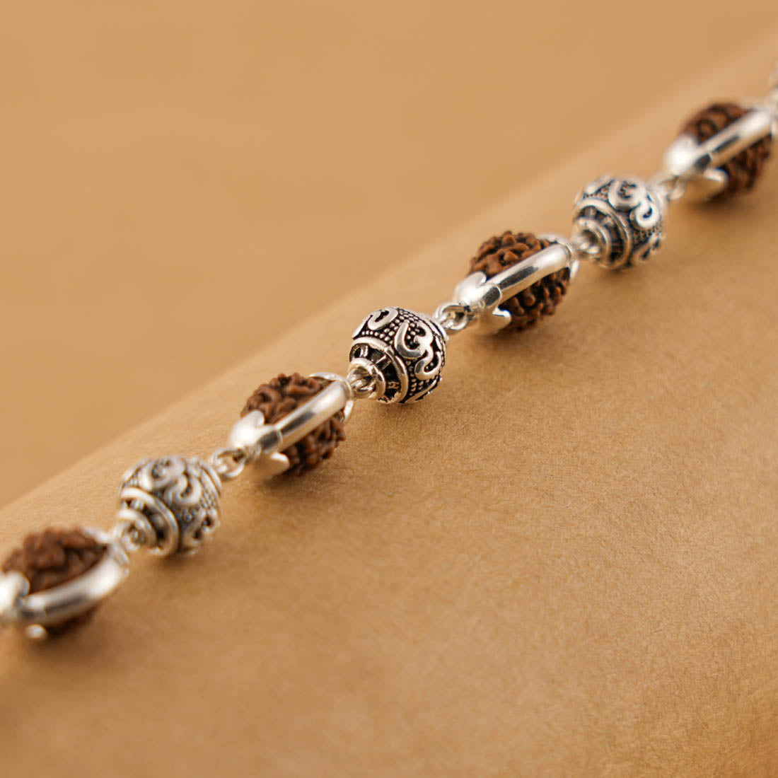 Prinjal Jewellers Rudraksha Silver Om Beads Capping Bracelet