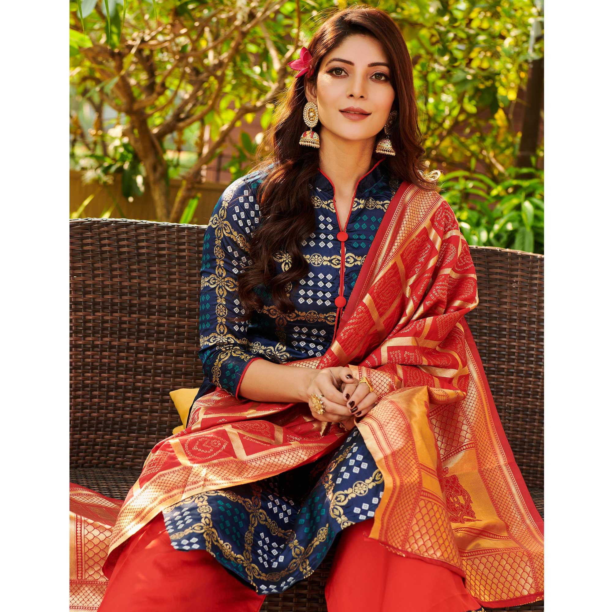 Peachmode Breathtaking Navy Blue Colored Casual Wear Woven Jacquard Silk Dress Material - view 2