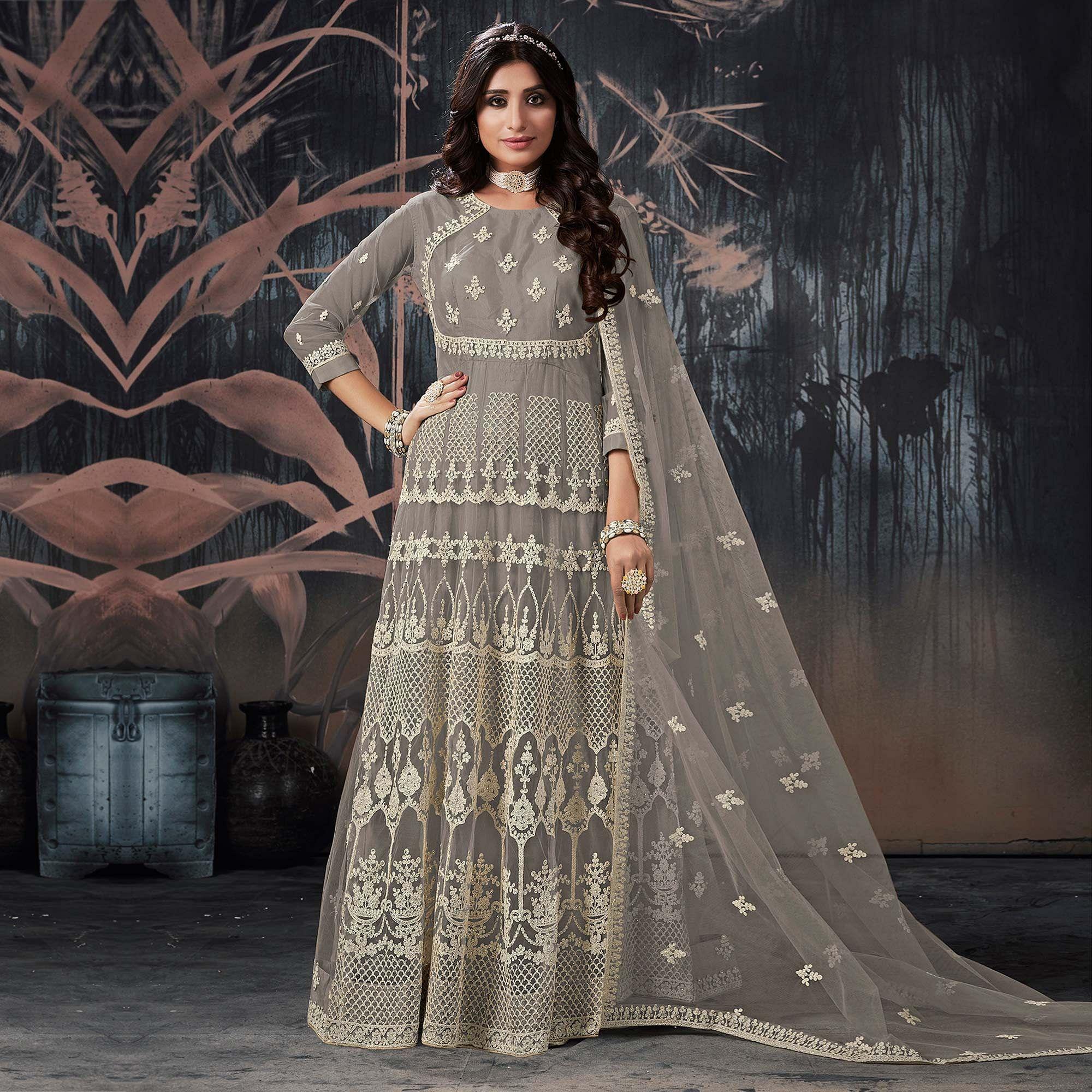 Peachmode Seller Grey Partywear Embroidery With Embellished Net Gown - view 2