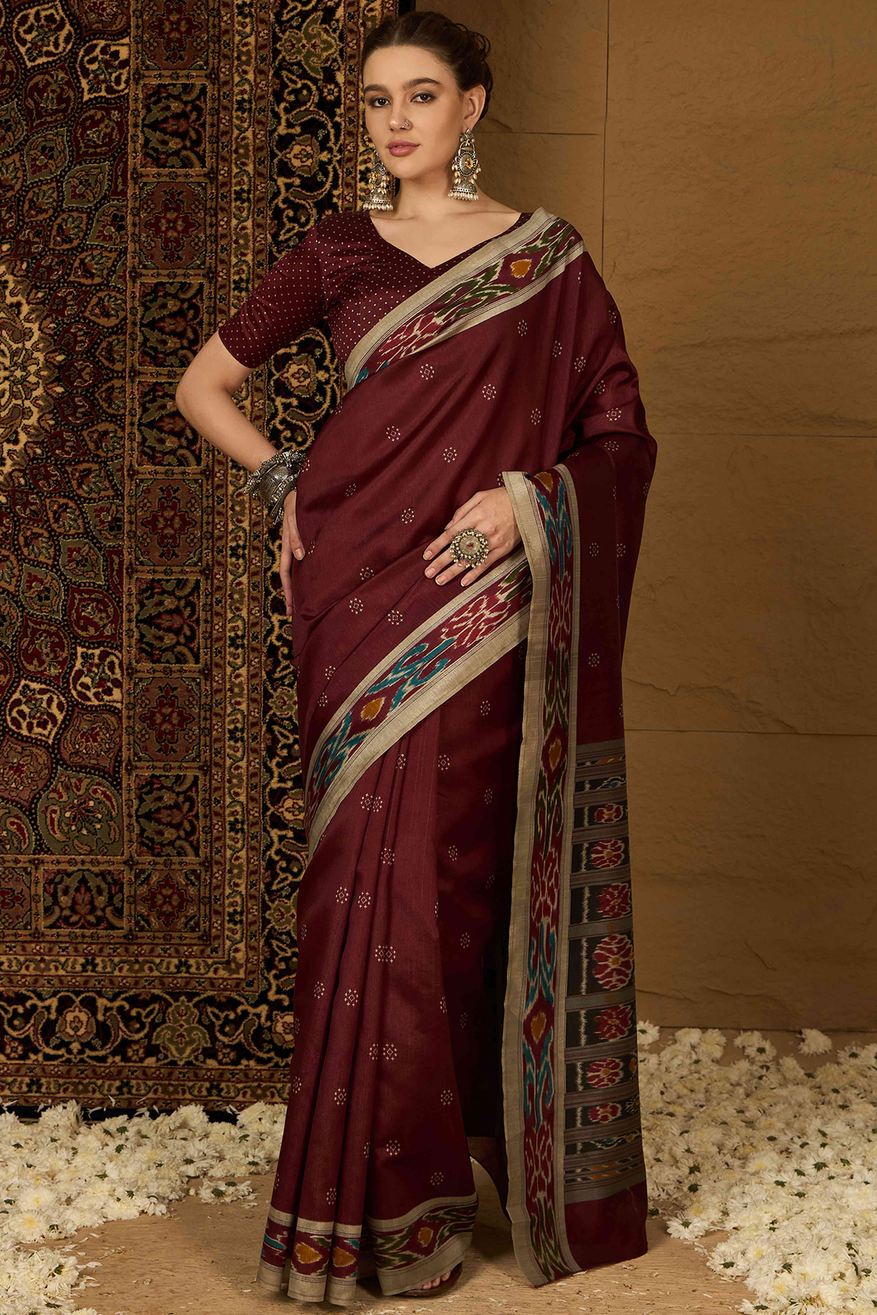 Peachmode Maroon Printed Bhagalpuri Silk Saree