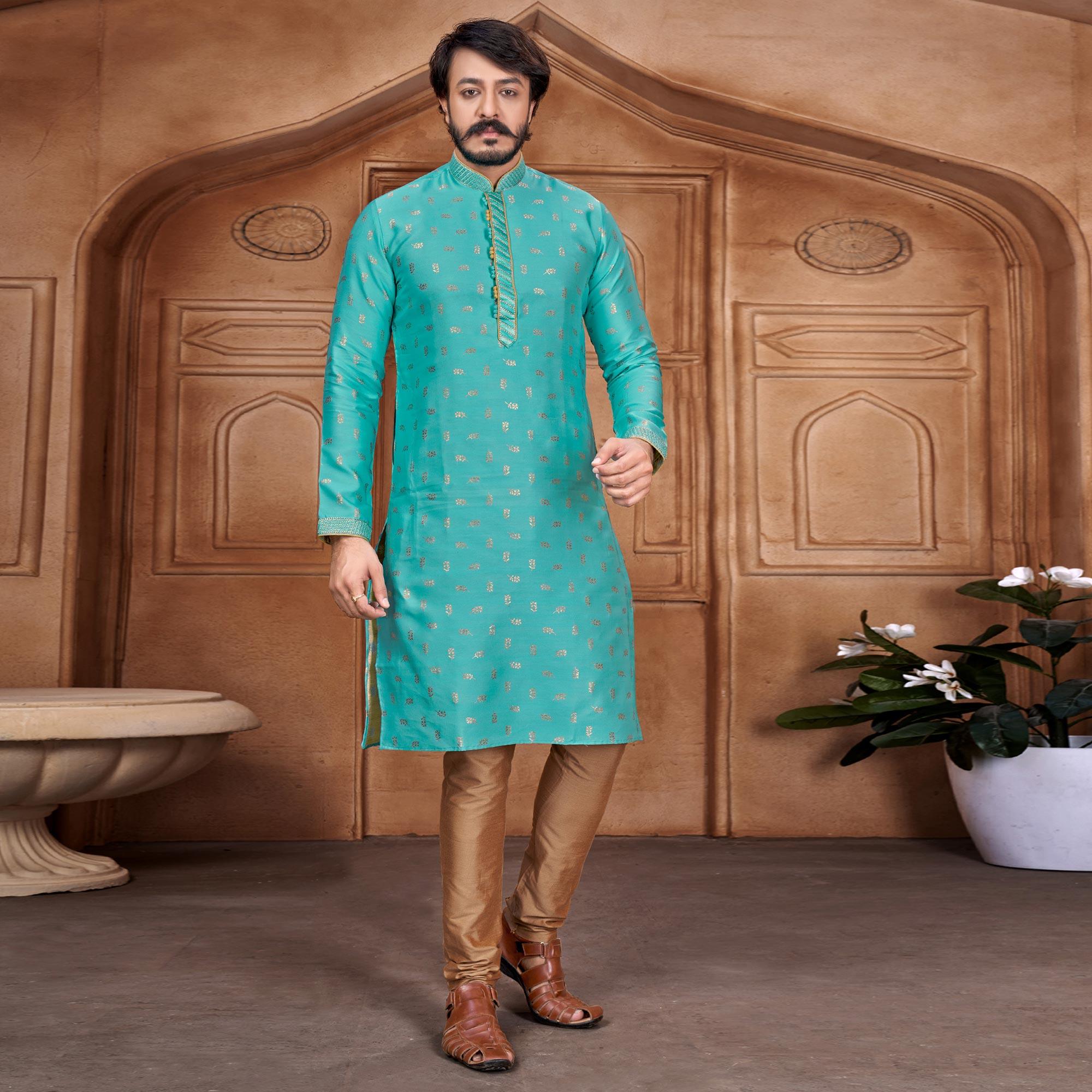 Peachmode Seller Blue Woven Jacquard Kurta Pyjama Set - view 2
