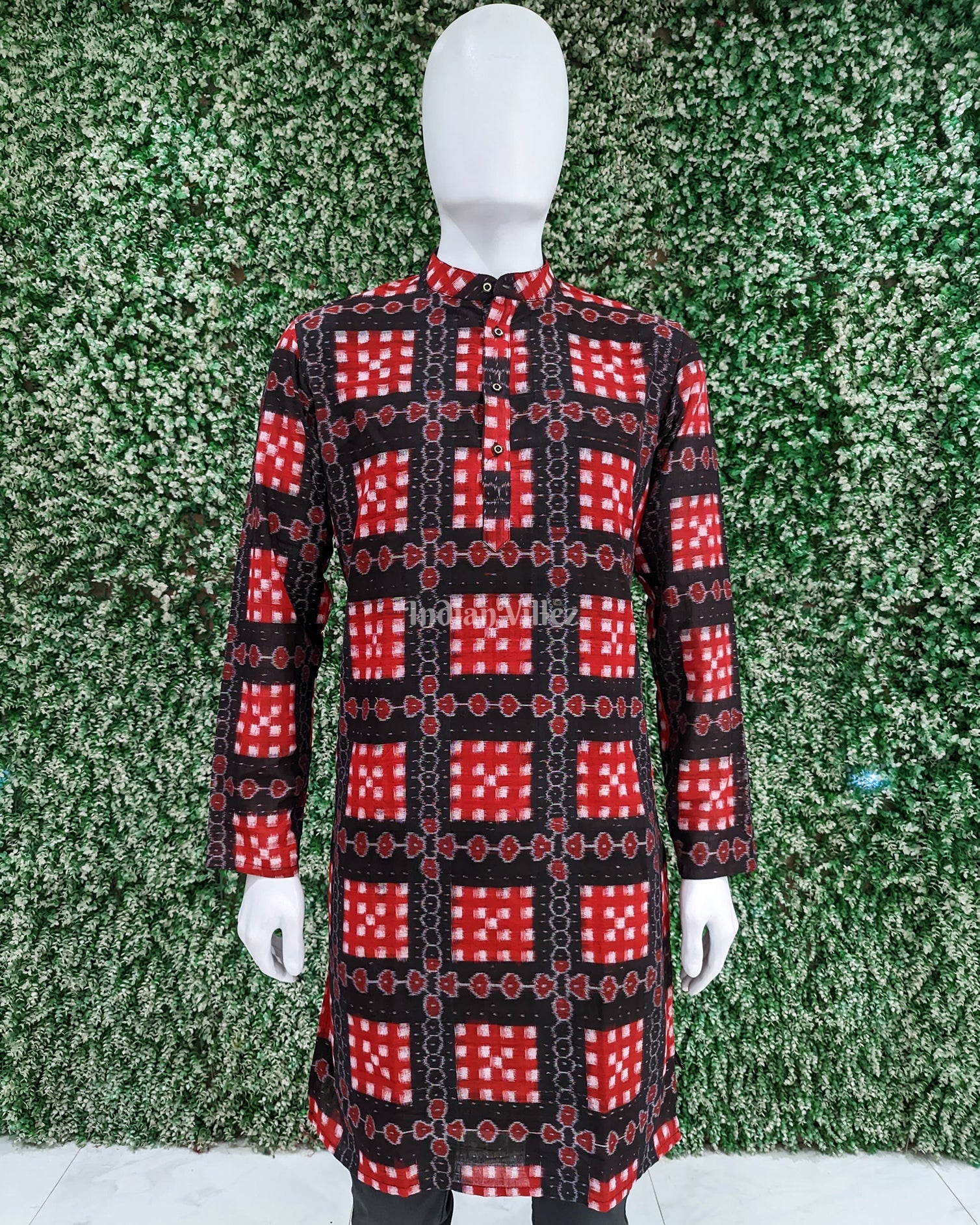 IndianVillèz Black Red Pasapali Design Sambalpuri Ikat Cotton Long Kurta For Men