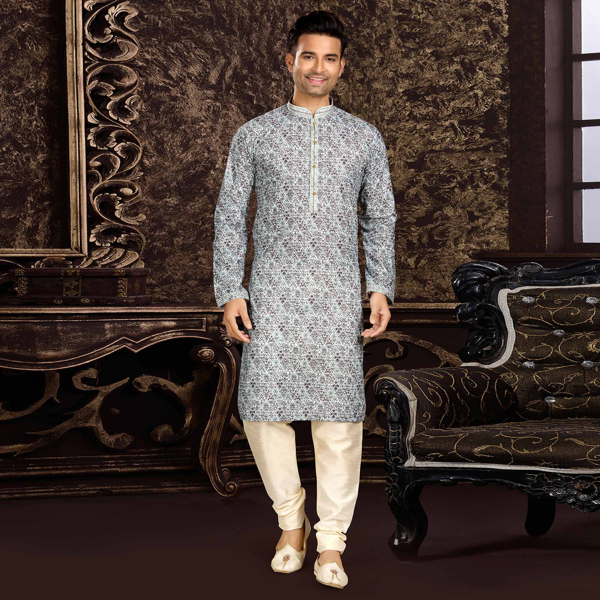 BlackTree grey-lucknowi-and-digital-printed-cotton-kurta-pyjama-set-1 - view 2