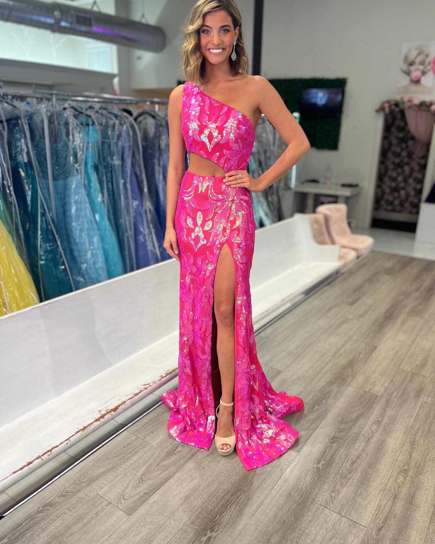 Sequin Fitted One Shoulder Slit Gown by Jovani 22853 - view 6