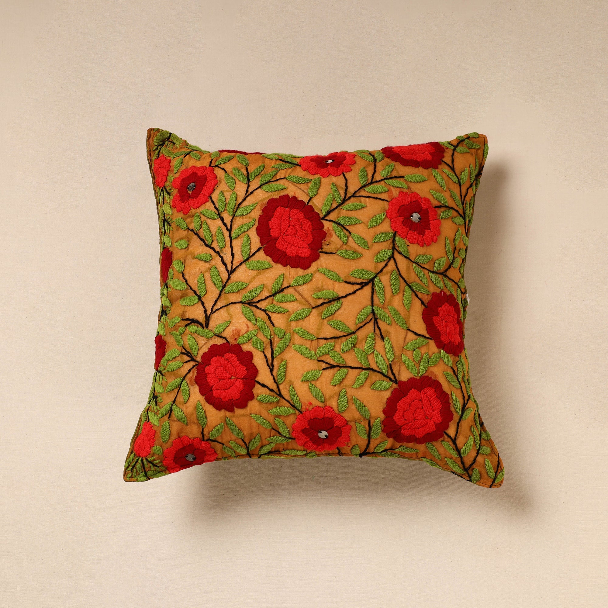 ITOKRI CRAFTS INITIATIVE Brown - Chanderi Silk Phulkari Hand Embroidered Cushion Cover