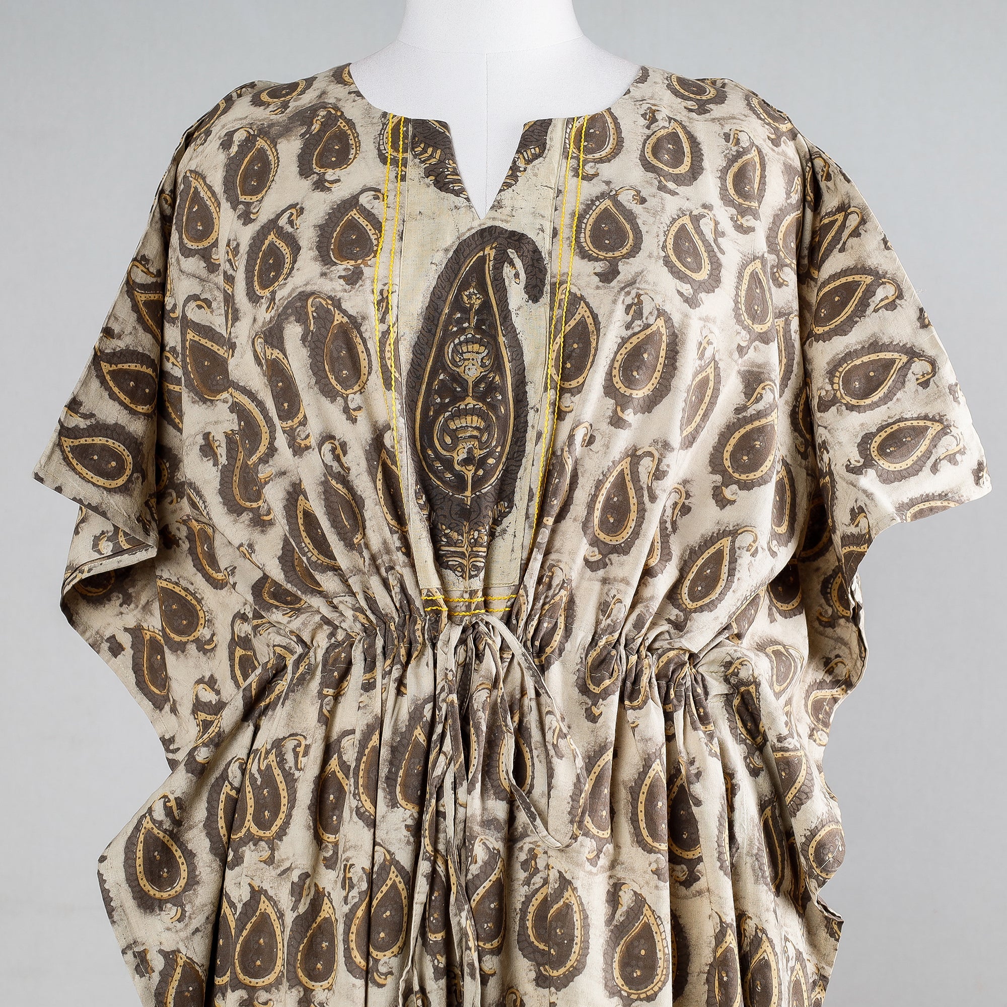 THE SAFFRON SAGA Beige - Block Print Cotton Ajrakh Kaftan with Tie-Up Waist (Long) - view 2
