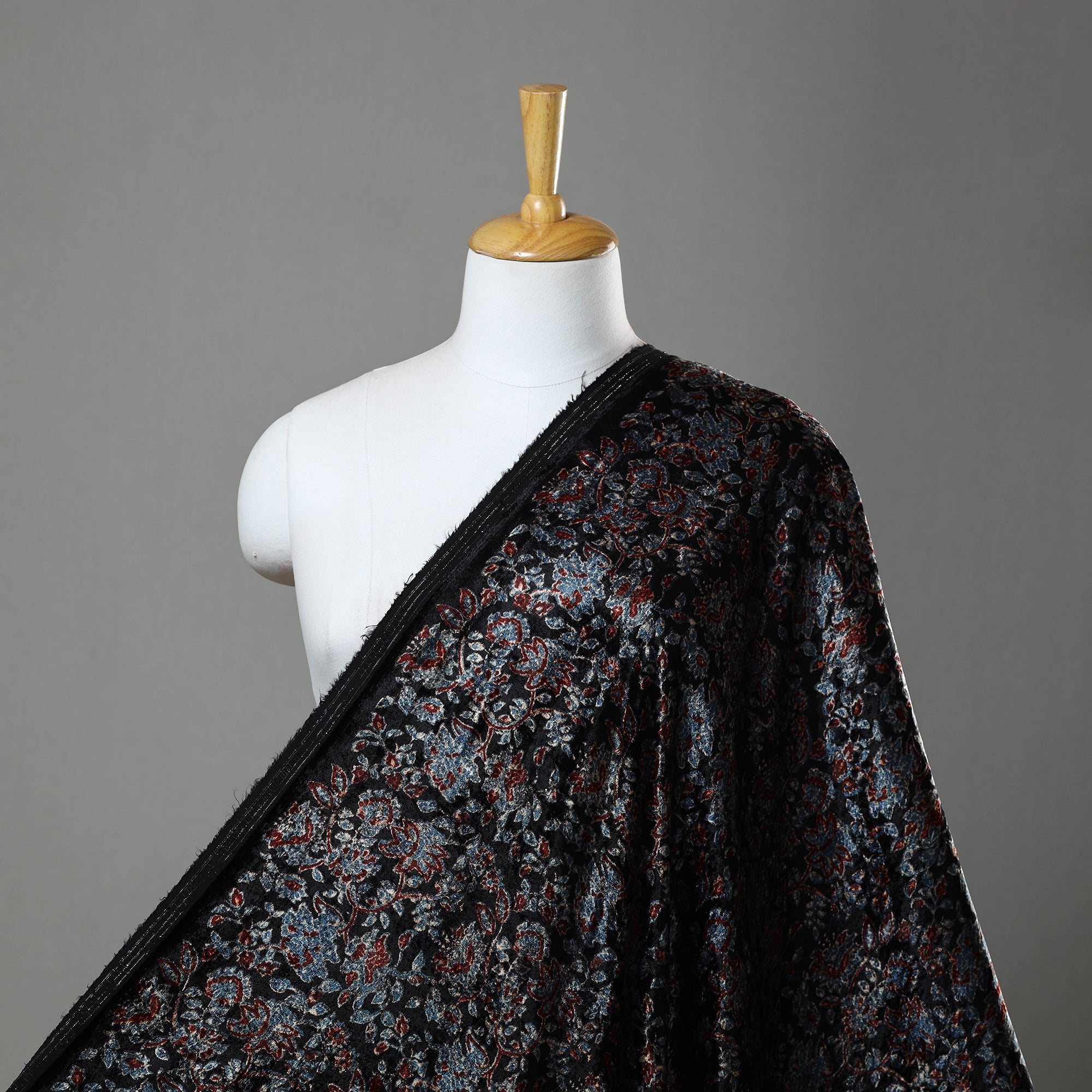 AJRAKH BY JABBAR KHATRI Black - Block Printed Velvet Natural Dyed Ajrakh Fabric 11