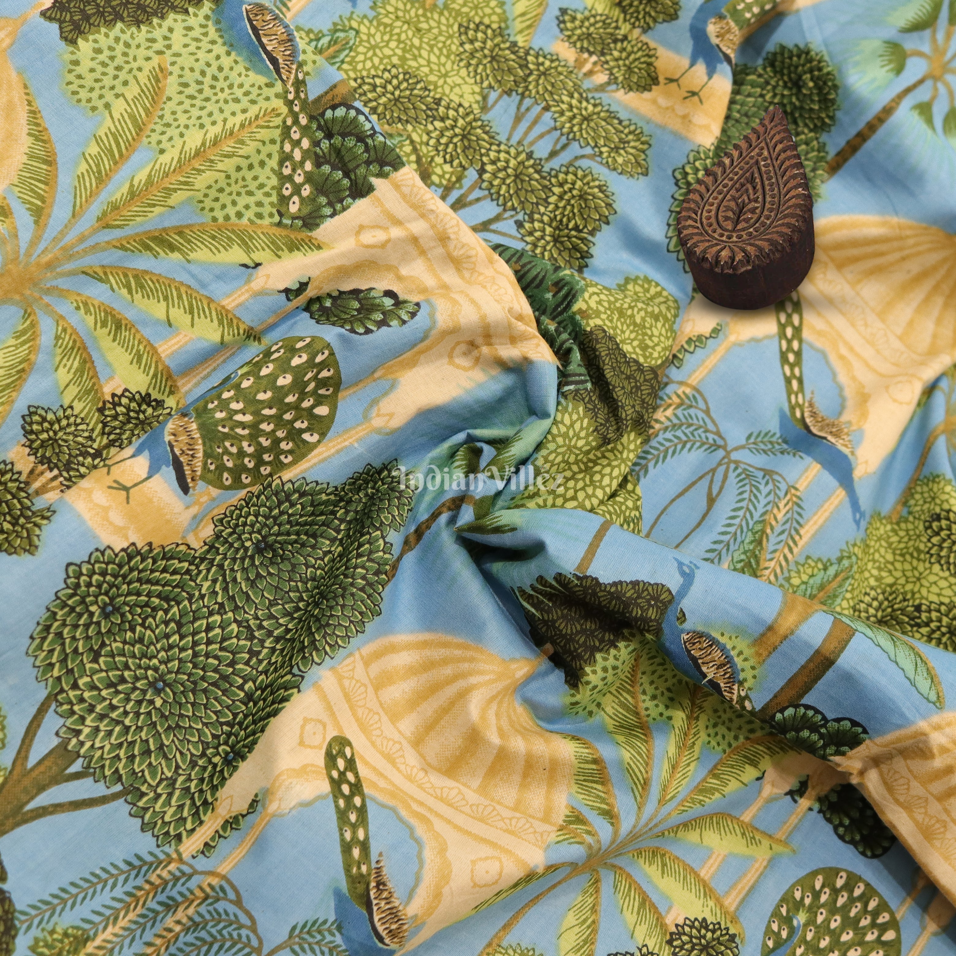 IndianVillèz Sky Green Tree Theme Hand Block Printed Cotton Fabric
