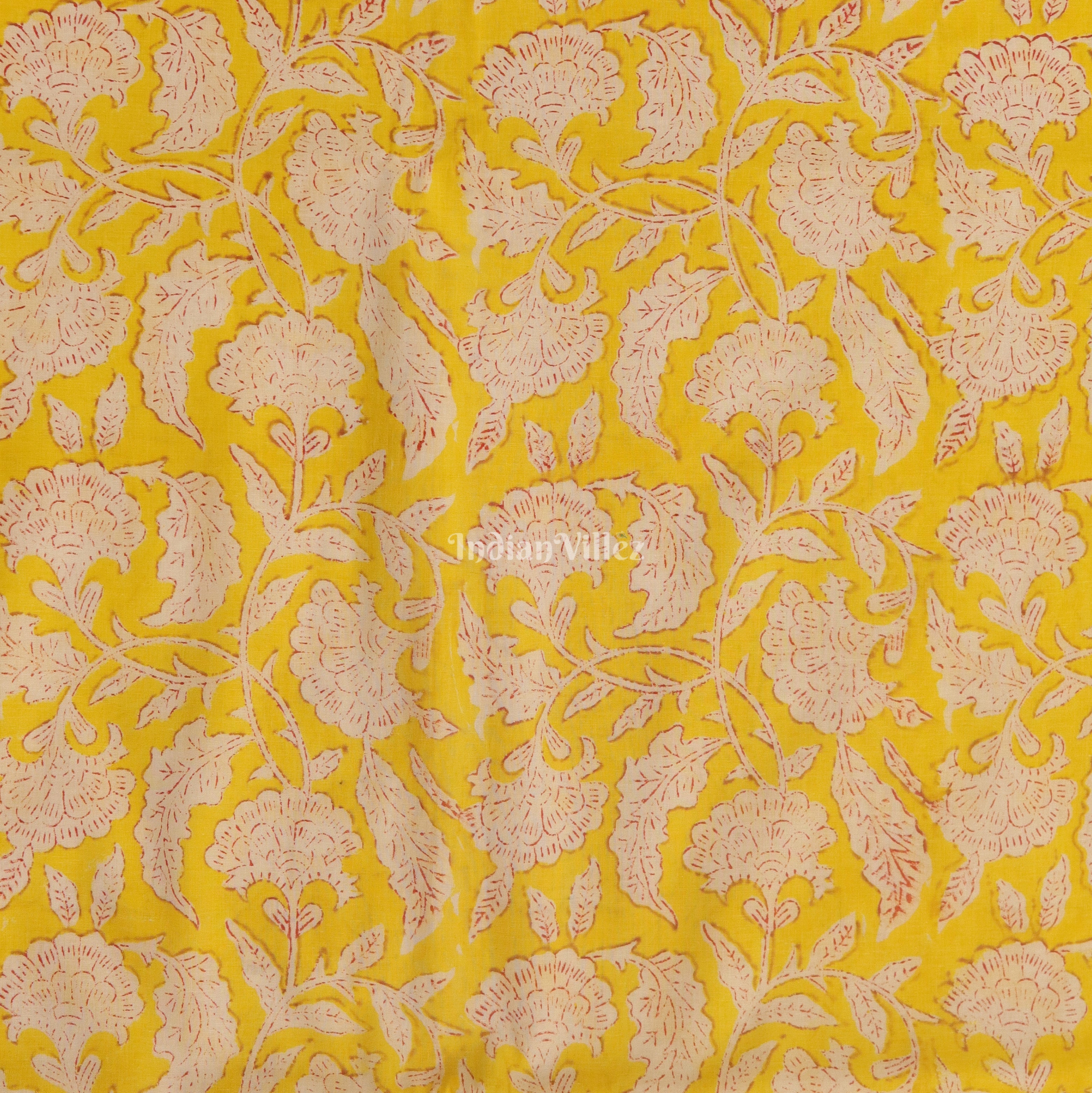 IndianVillèz Yellow White Flower Motif Hand Block Printed Cotton Fabric - view 2