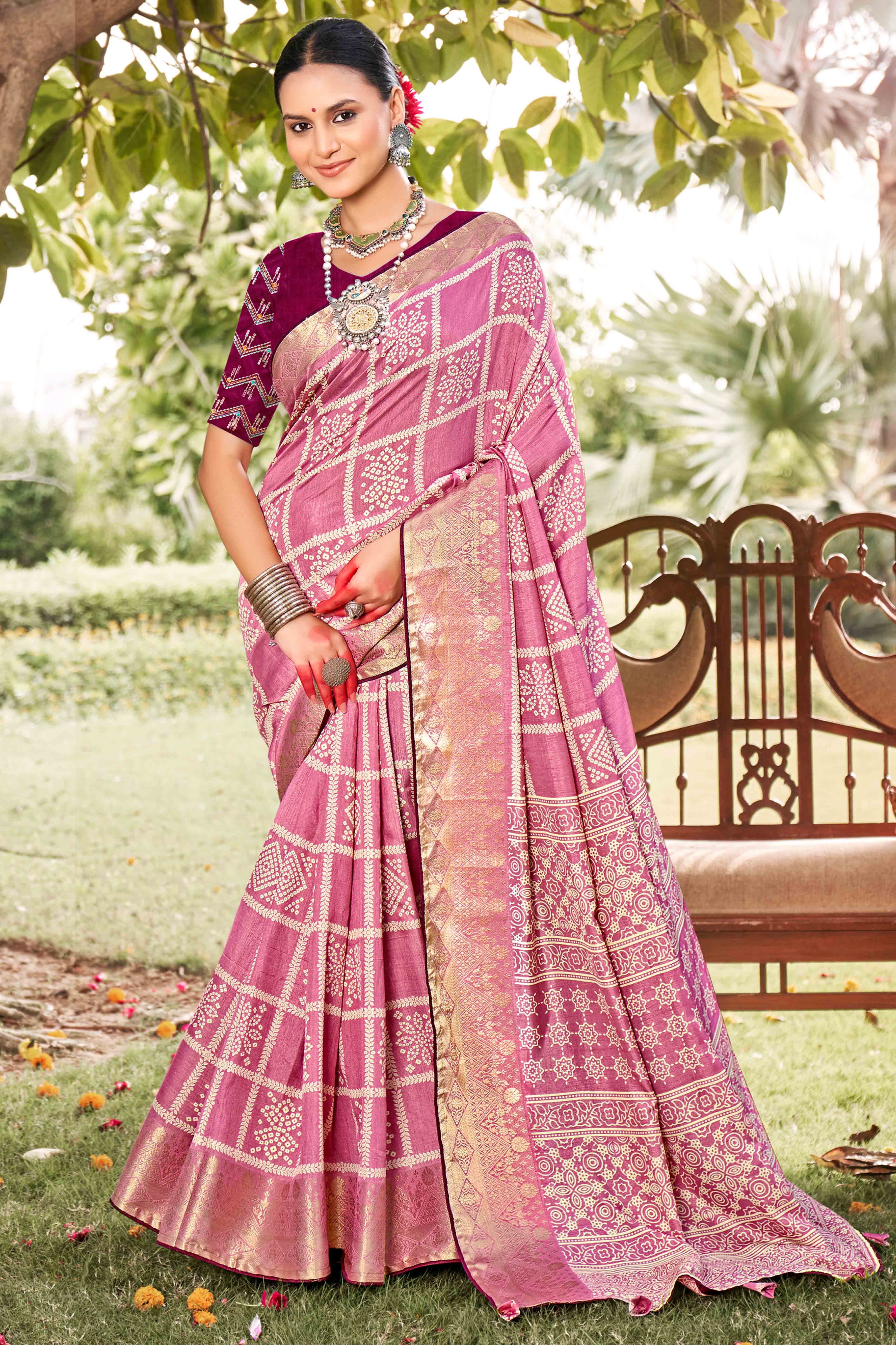 Peachmode Light Pink Bandhani Printed Dola Silk Saree With Jacquard Border