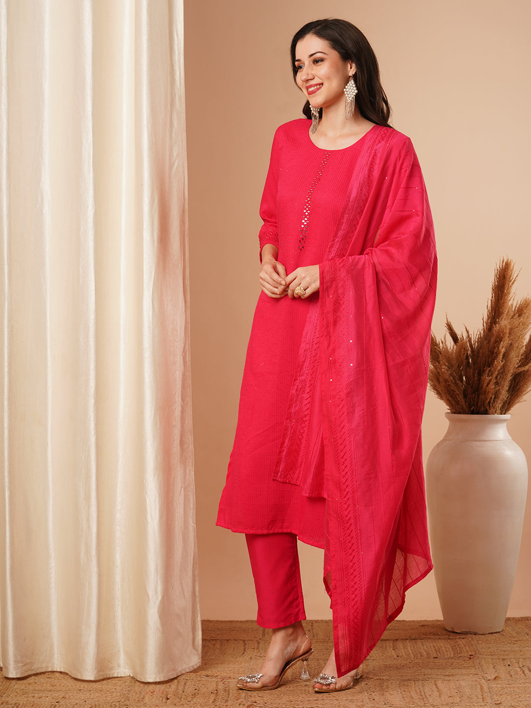 FASHOR Solid Mirror Embroidered Straight Fit Kurta with Pant & Dupatta - Pink - view 4