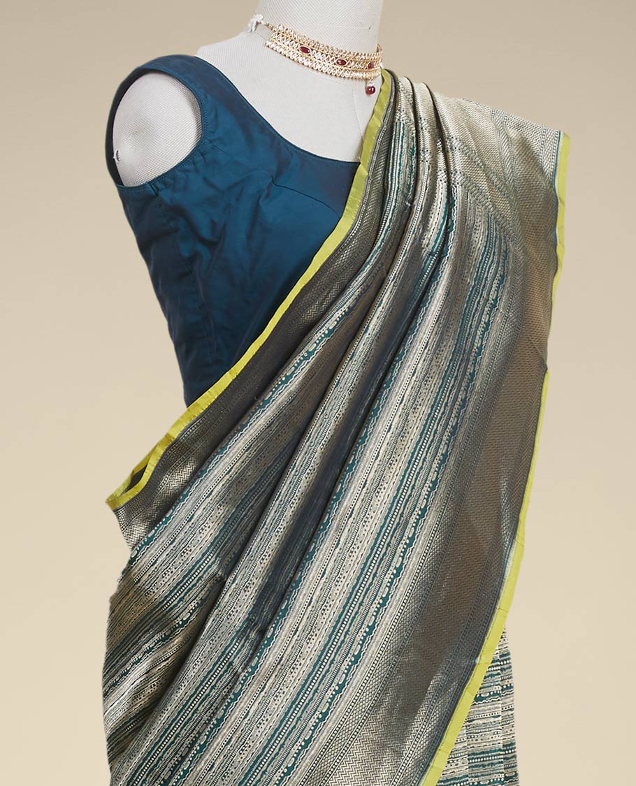 Pothys Green striped banaras silk saree with argyle pattern border