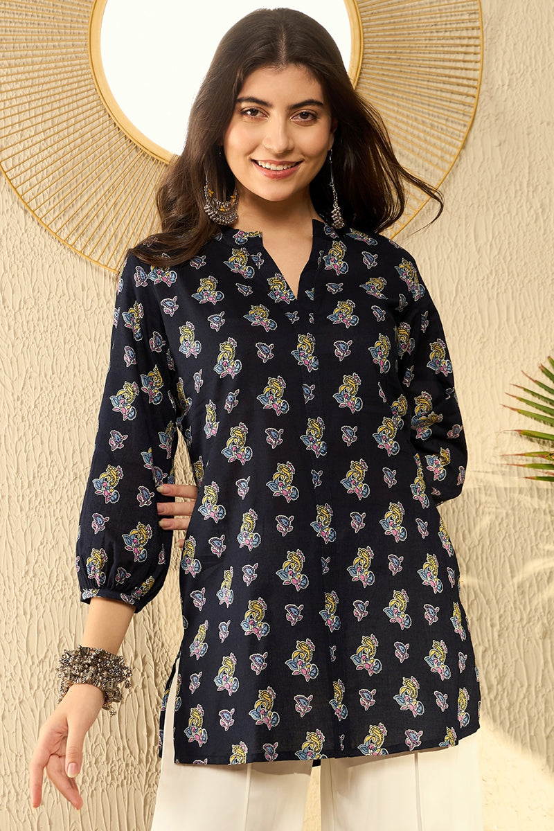 Ahika Navy Blue Cotton Blend Ethnic Motifs Printed Regular Tunic VT1302 - view 2
