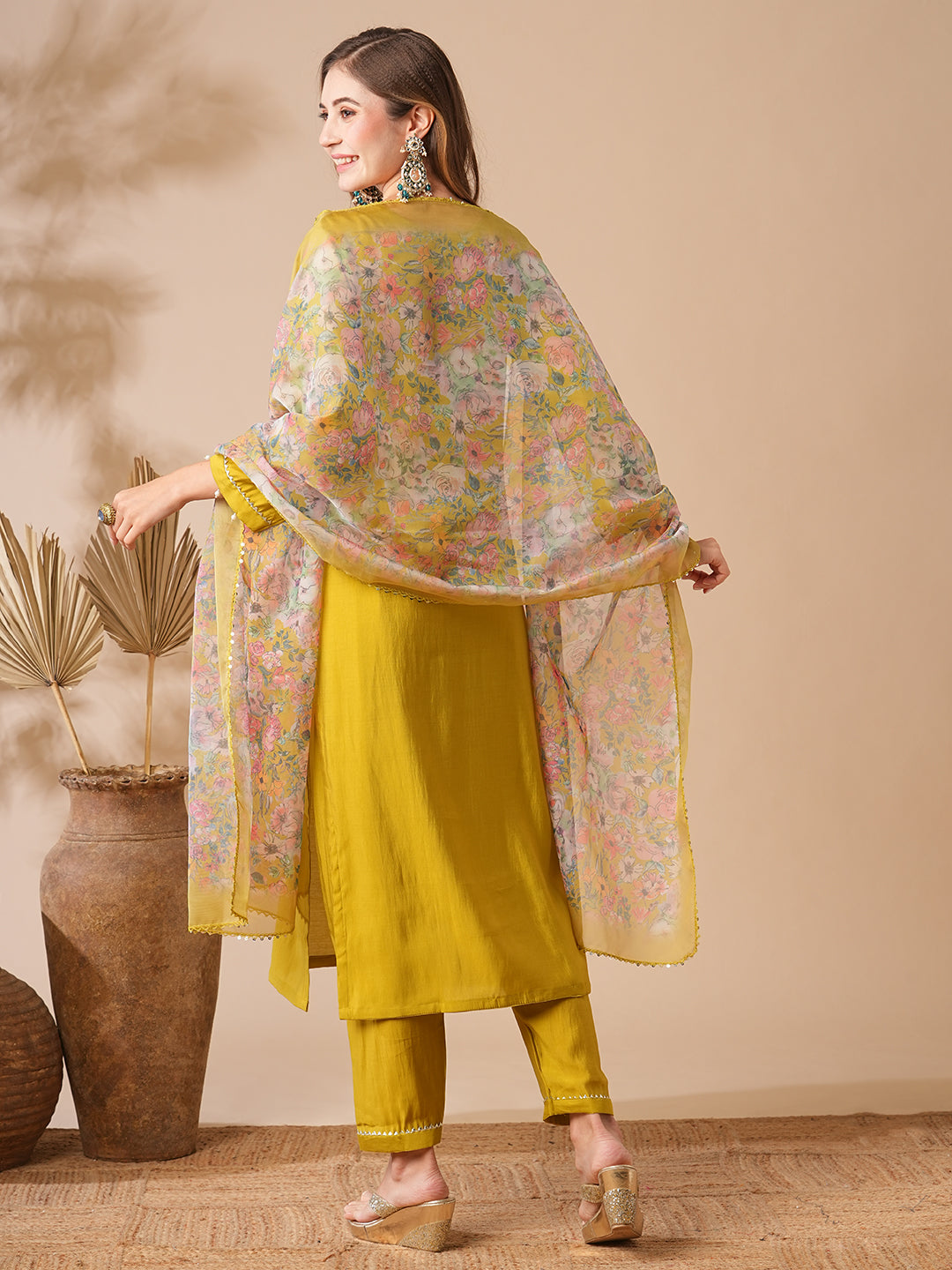Fashor Solid Zardozi, Mirror & Stone Embroidered Kurta with Pants & Floral Dupatta - Lime Green - view 6