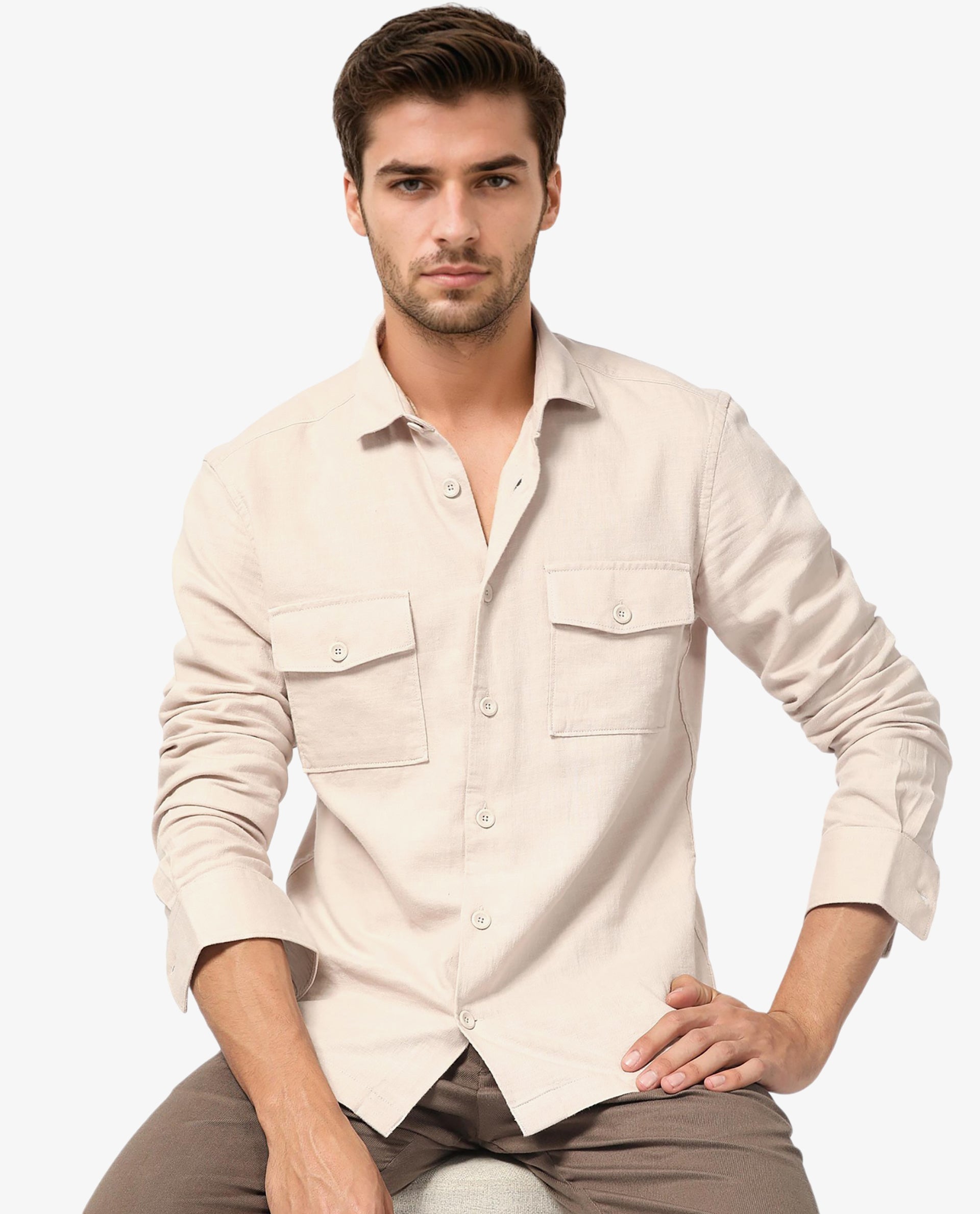 Rare Rabbit Men's Lang Beige Cotton Linen Fabric Full Sleeves Solid Shirt