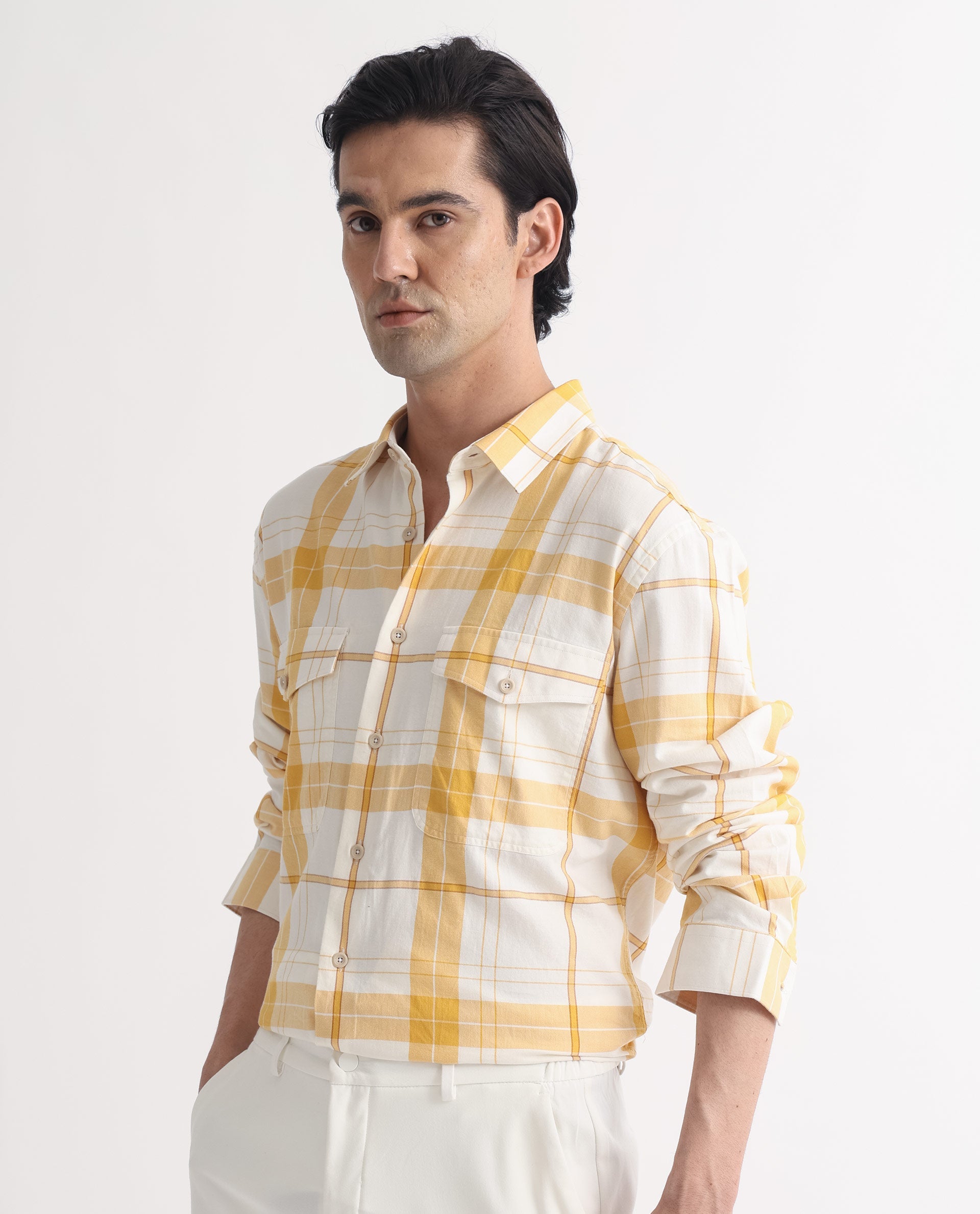 Rare Rabbit Men's Bern Yellow Cotton Fabric Full Sleeves Checks Shirt - view 7