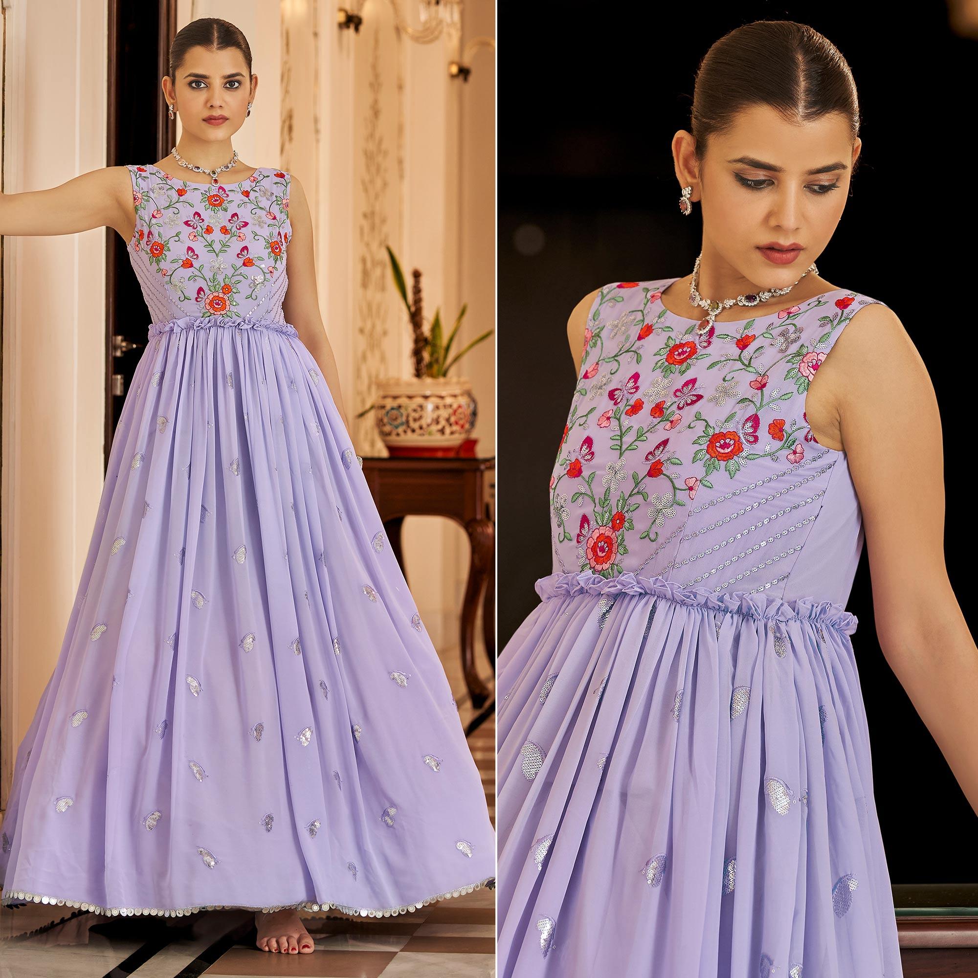Peachmode Seller Lavender Embroidered Georgette Gown