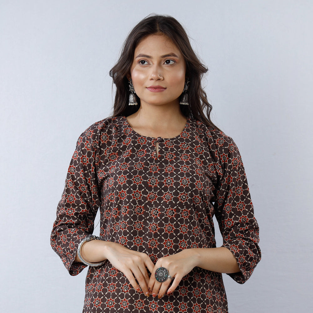 ITOKRI CASUALS Brown - Geometric Flowers Ajrakh Block Printing Cotton Long Straight Kurta