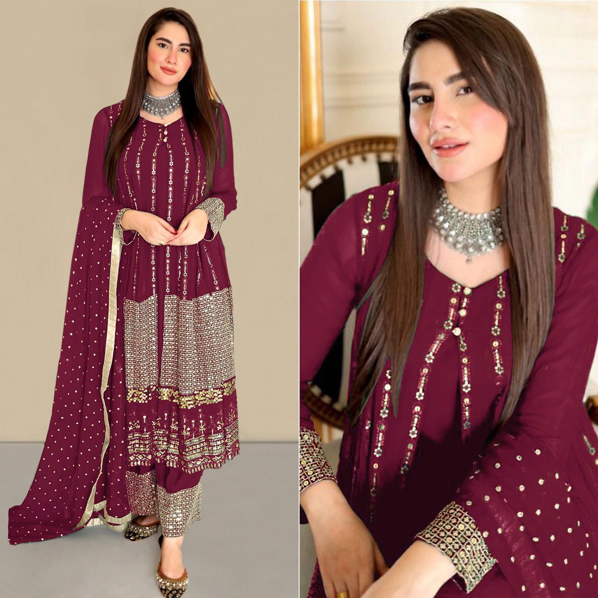 Peachmode Maroon Sequins Embroidered Georgette Pakistani Suit