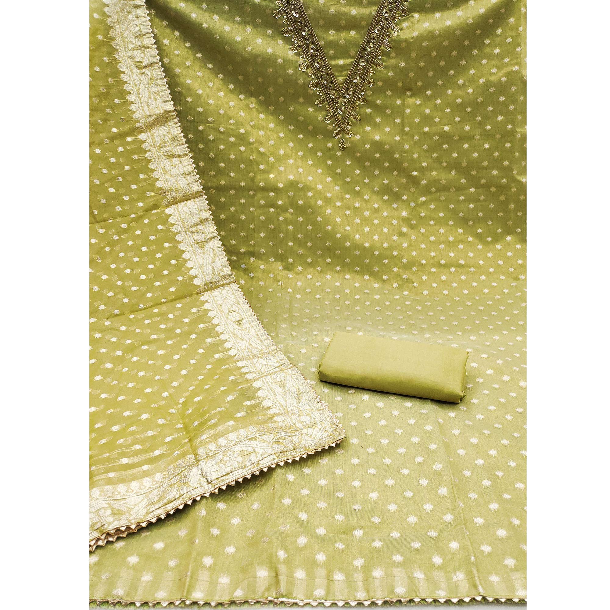BlackTree green-woven-with-sequins-embroidered-chanderi-silk-dress-material - view 3