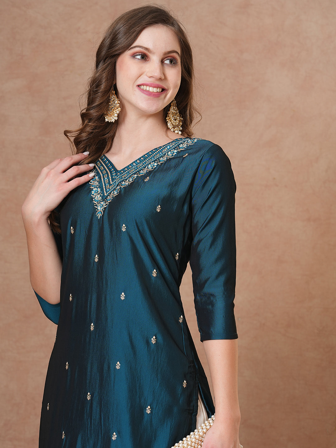FASHOR Ethnic Embroidered Straight Fit Kurta - Teal Blue