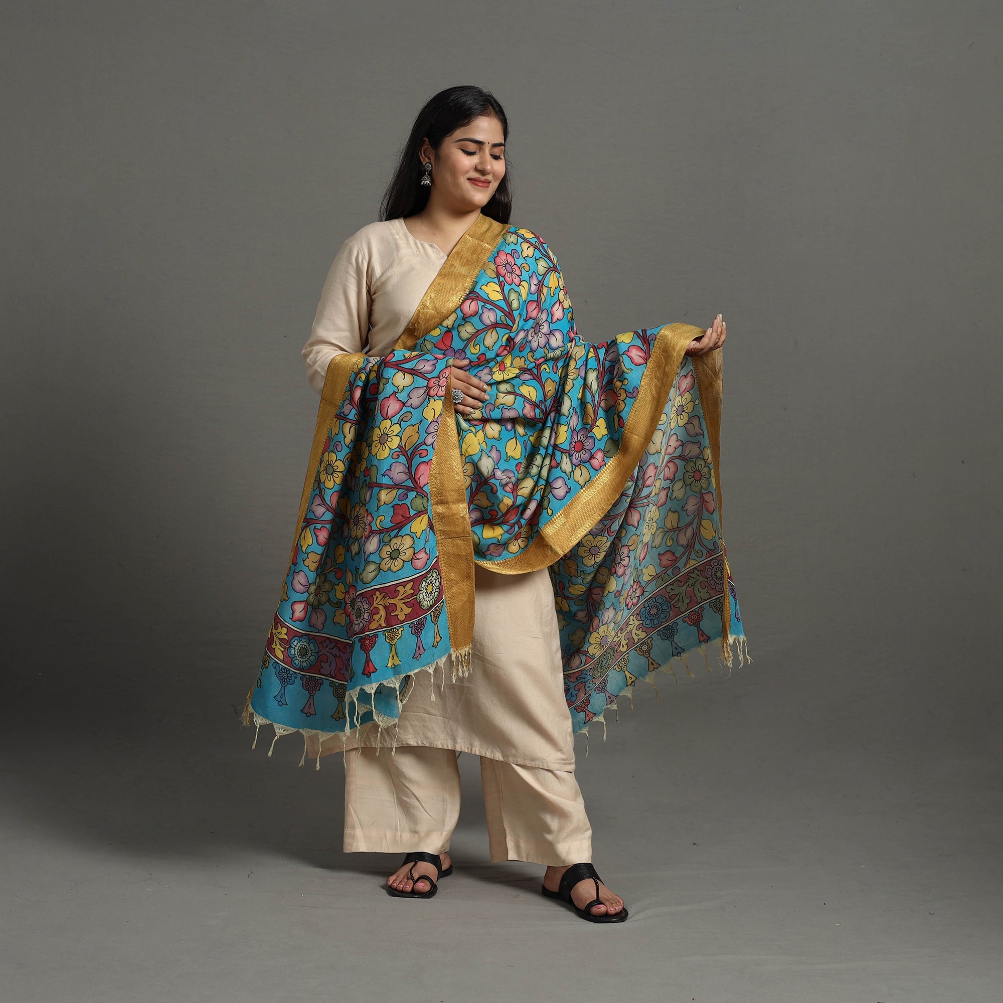 SOUTH KARGHA Blue - Chanderi Silk Srikalahasti Handpainted Pen Kalamkari Dupatta 41 - view 2