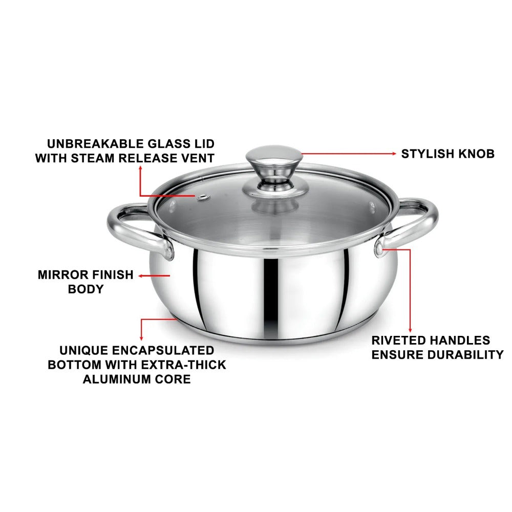 AVIAS Platinox Stainless Steel Set (Belly 18cm + Kadhai 22cm + Frypan 22cm + Casserole 1000ML + 1500ML) | Induction Compatible | Silver | Set of 5 Pcs - view 5