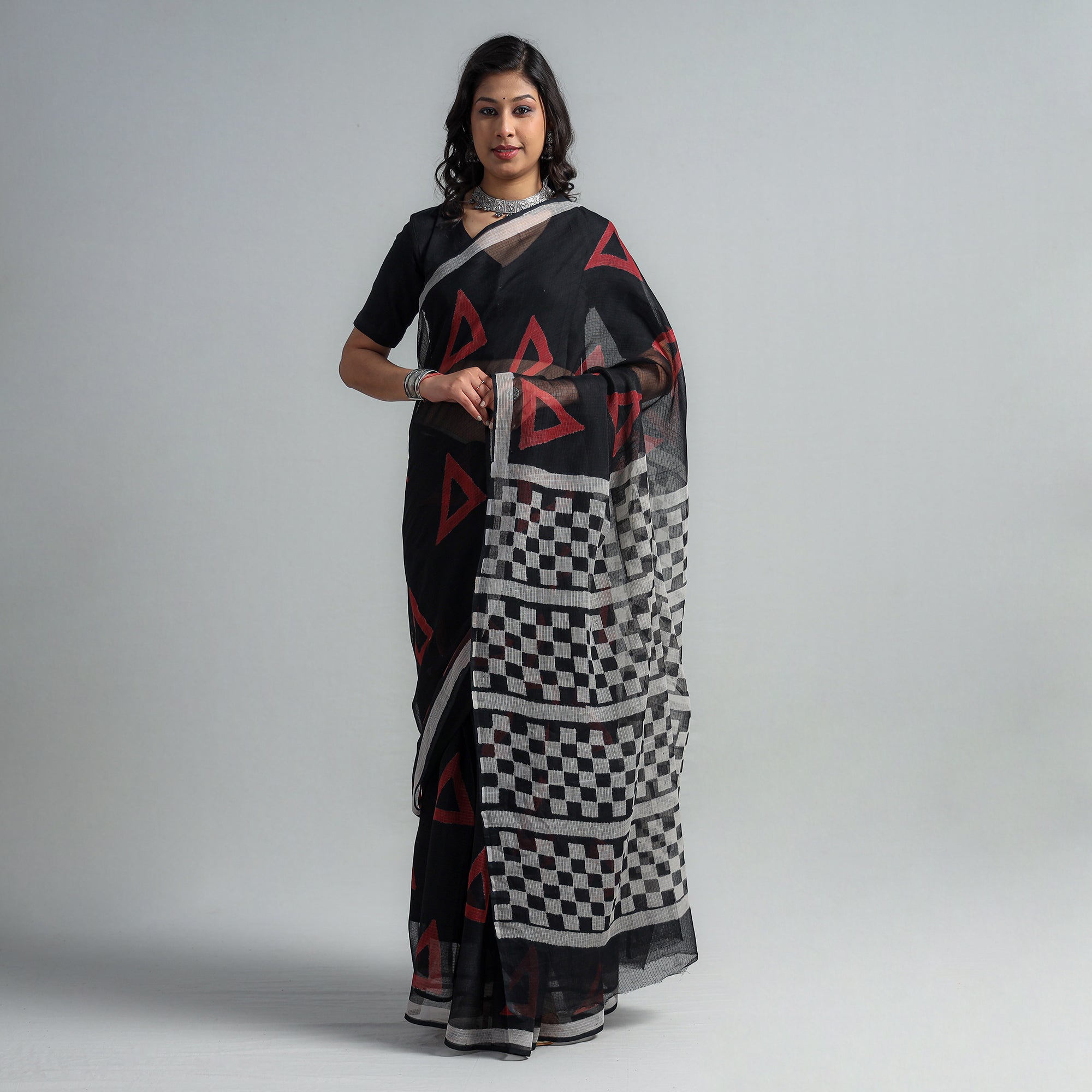 HAVELI CHRONICLES Black - Kota Doria Cotton Sanganeri Print Saree