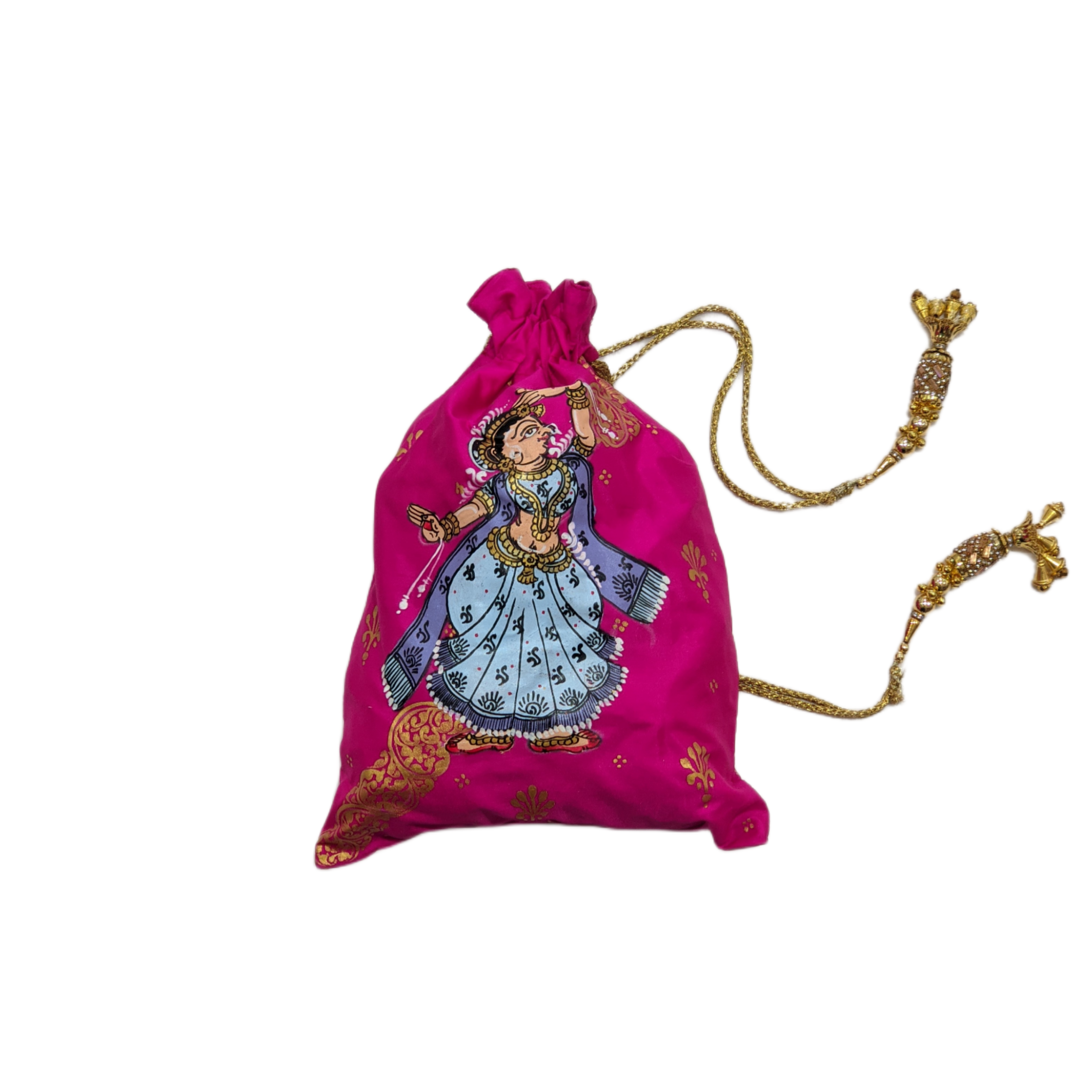 IndianVillèz Rani Pink Hand-Painted Nartaki Pattachitra Potli Bag