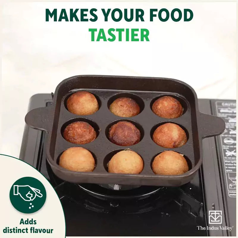 The Indus Valley 9 Pit/Cup CASTrong Cast Iron Paniyaram/Appe Pan+ Free Spatula, Pre-seasoned, Natural Nonstick, 100% Pure, Toxin-free, 24 cm, 1.34 kg - view 10