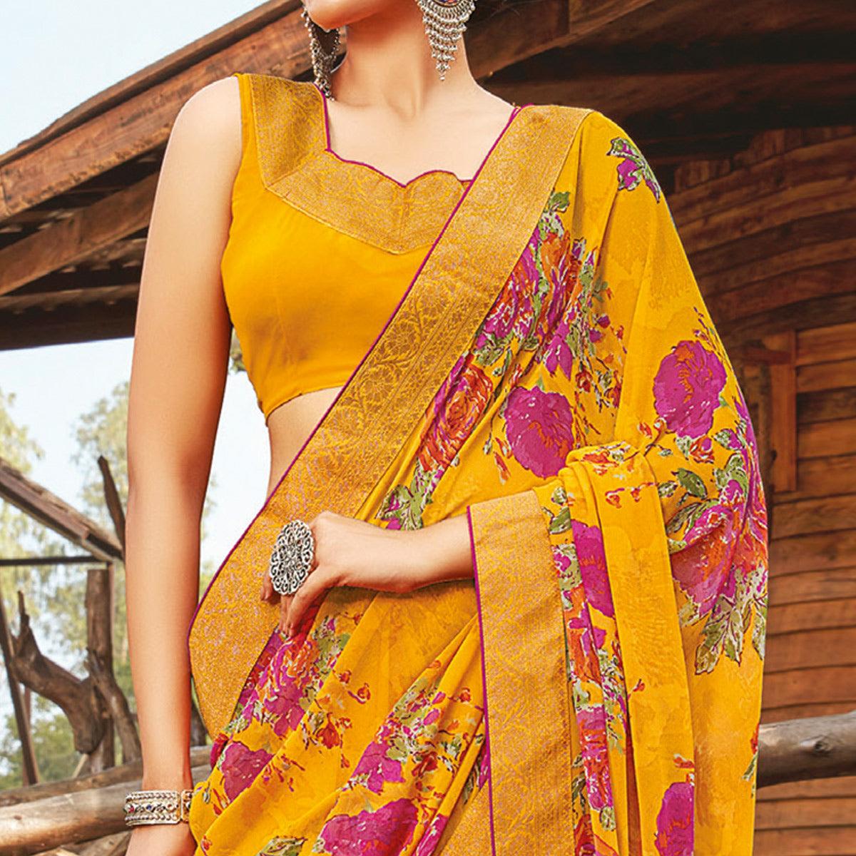 Peachmode Ethnic Yellow Coloured Partywear Pure Georgette Floral Printed Saree With Fancy Lace Border - view 2