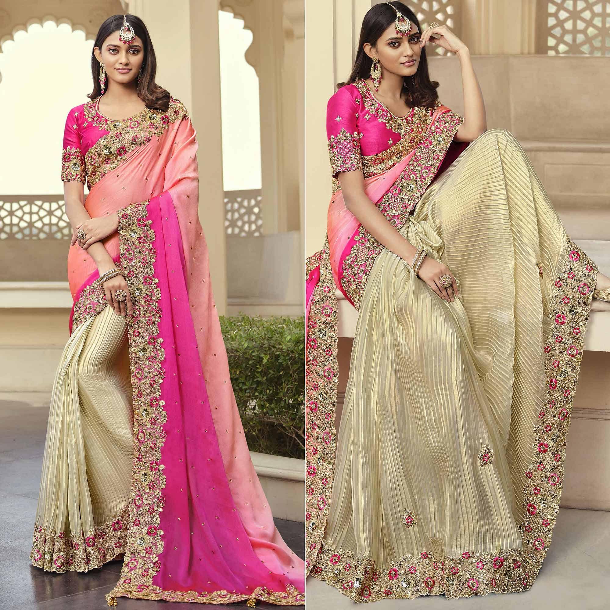 Half half saree – Peachmode Cream - Rose Pink Party Wear Embroidered Satin Half & Half Saree