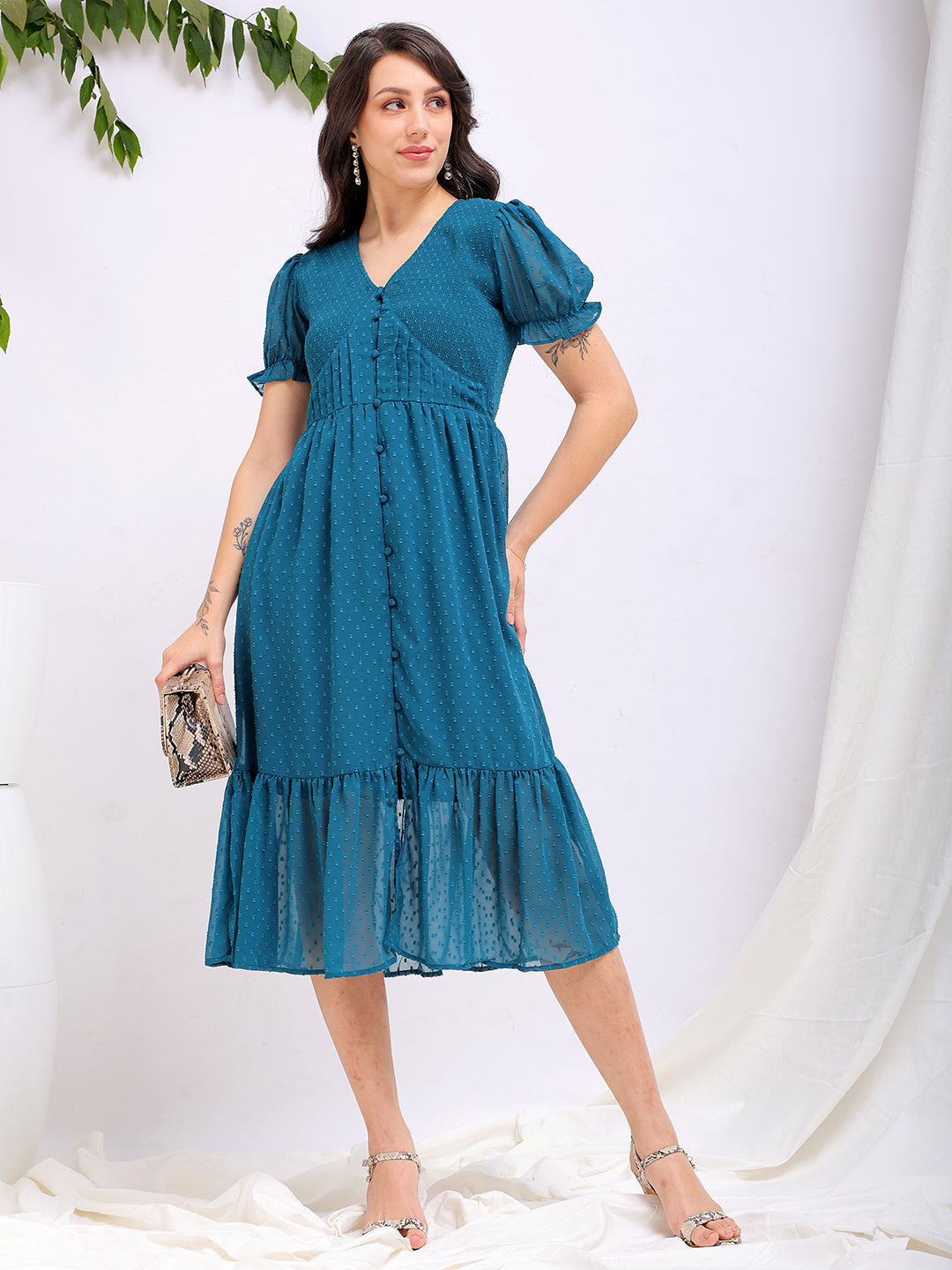 Freehand by The Indian Garage Co Women's Teal Fit and Flare Textured V neck Tiered Dress - view 6