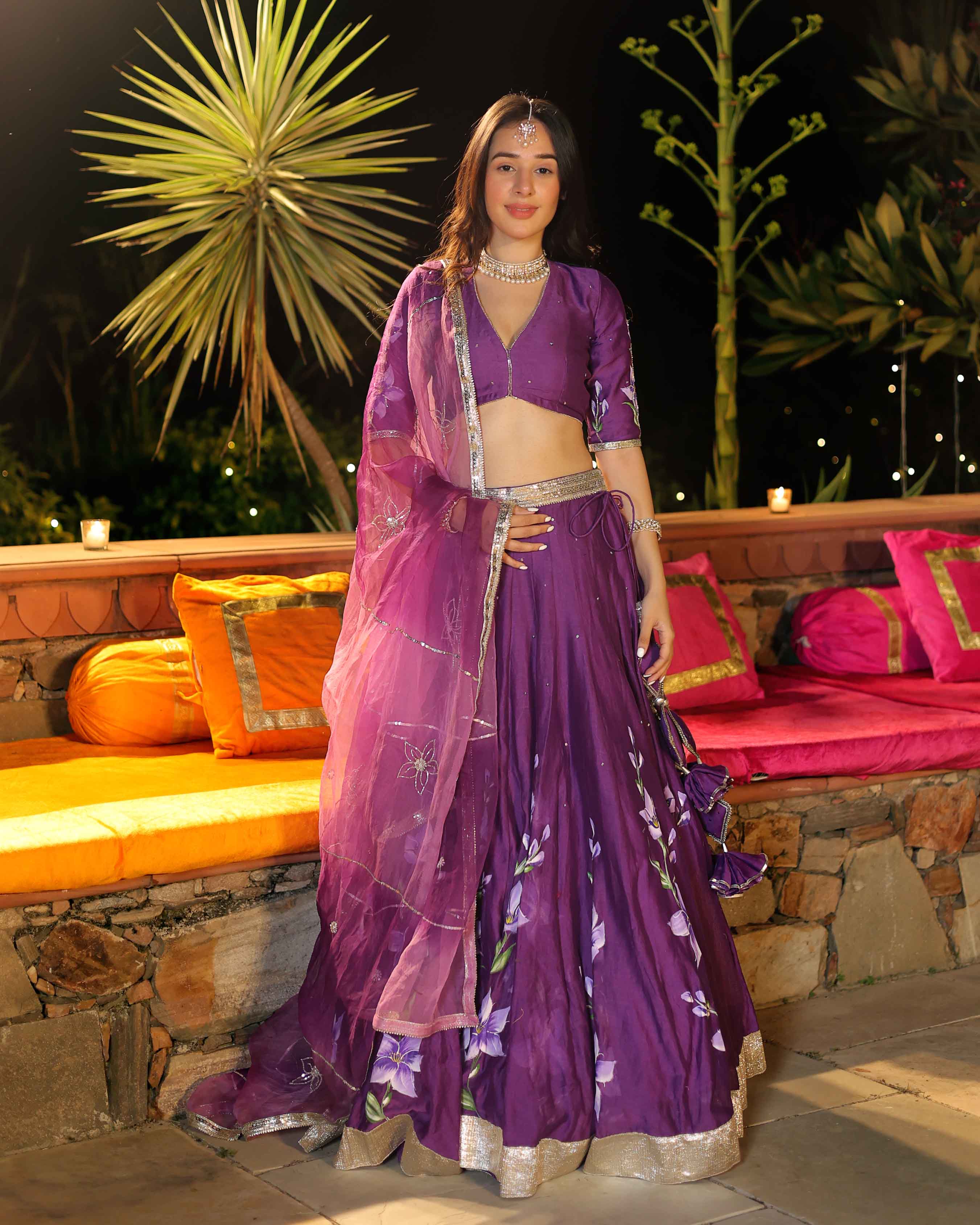 Aachho Purple Whisper Handpainted Chanderi Lehenga Set - view 6