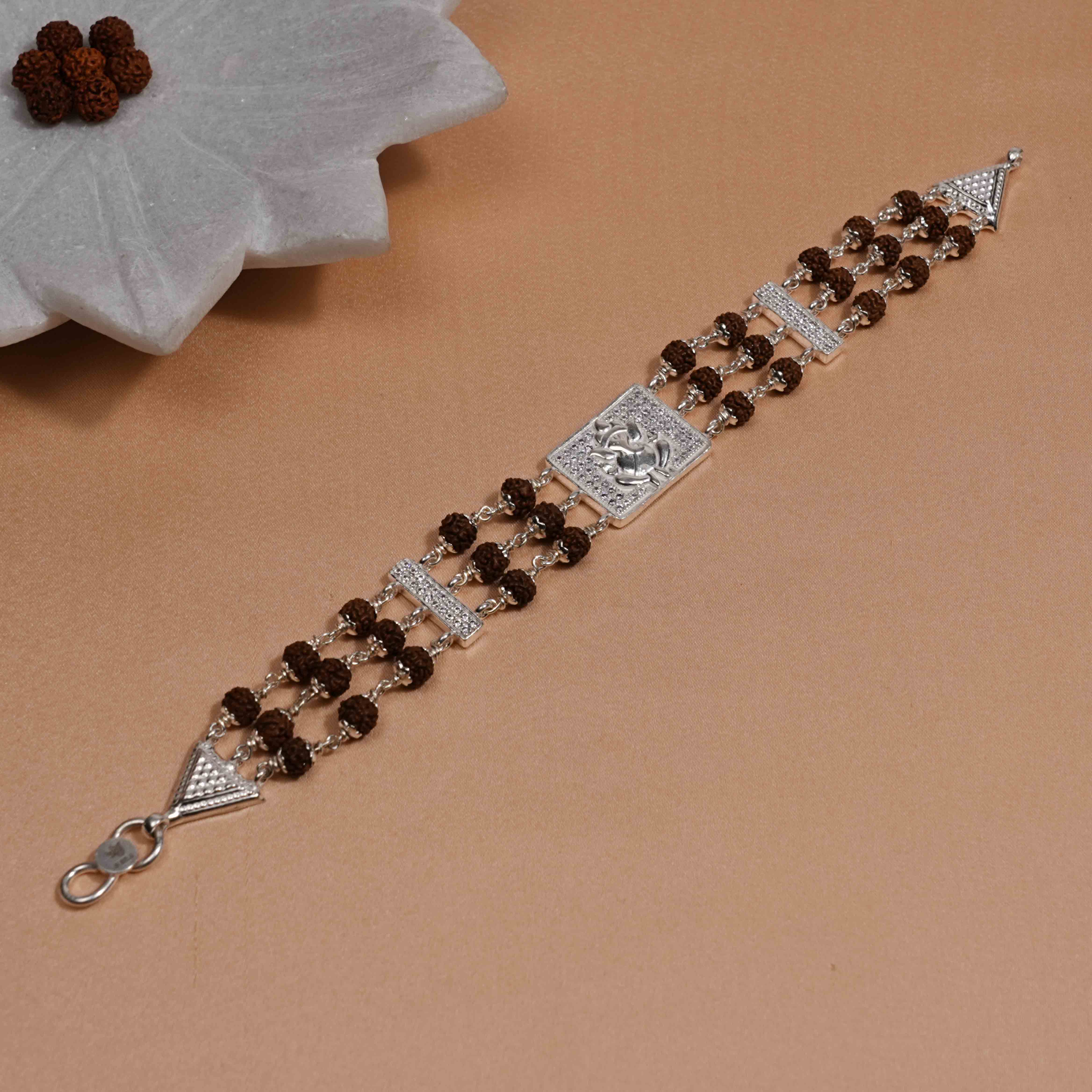 Prinjal Jewellers Rudraksha Silver Daimond Ganesh Tripel Line Bracelet - view 2