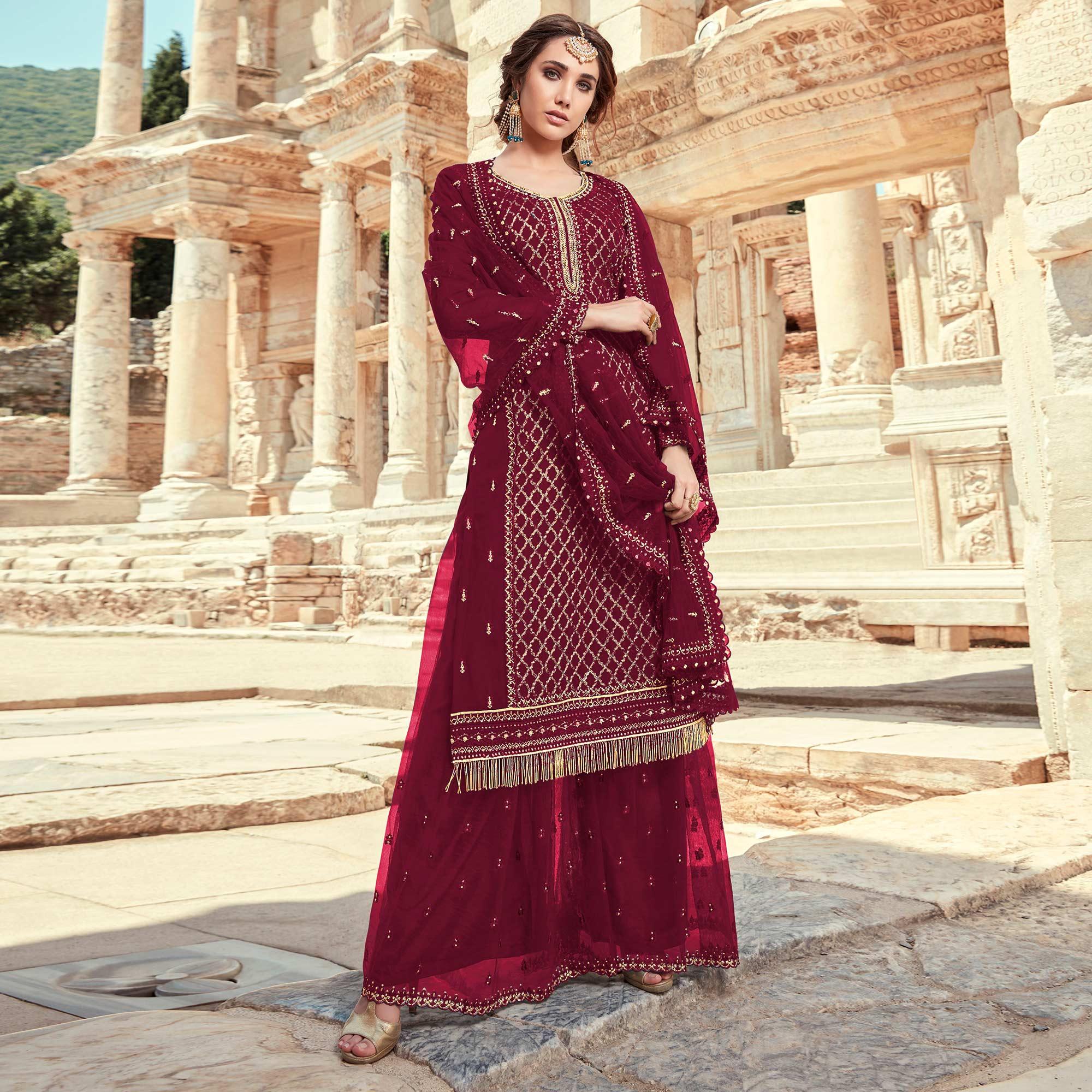 Peachmode Festive Wear Maroon Designer with Embroidery Work Faux Georgette Palazzo Suit