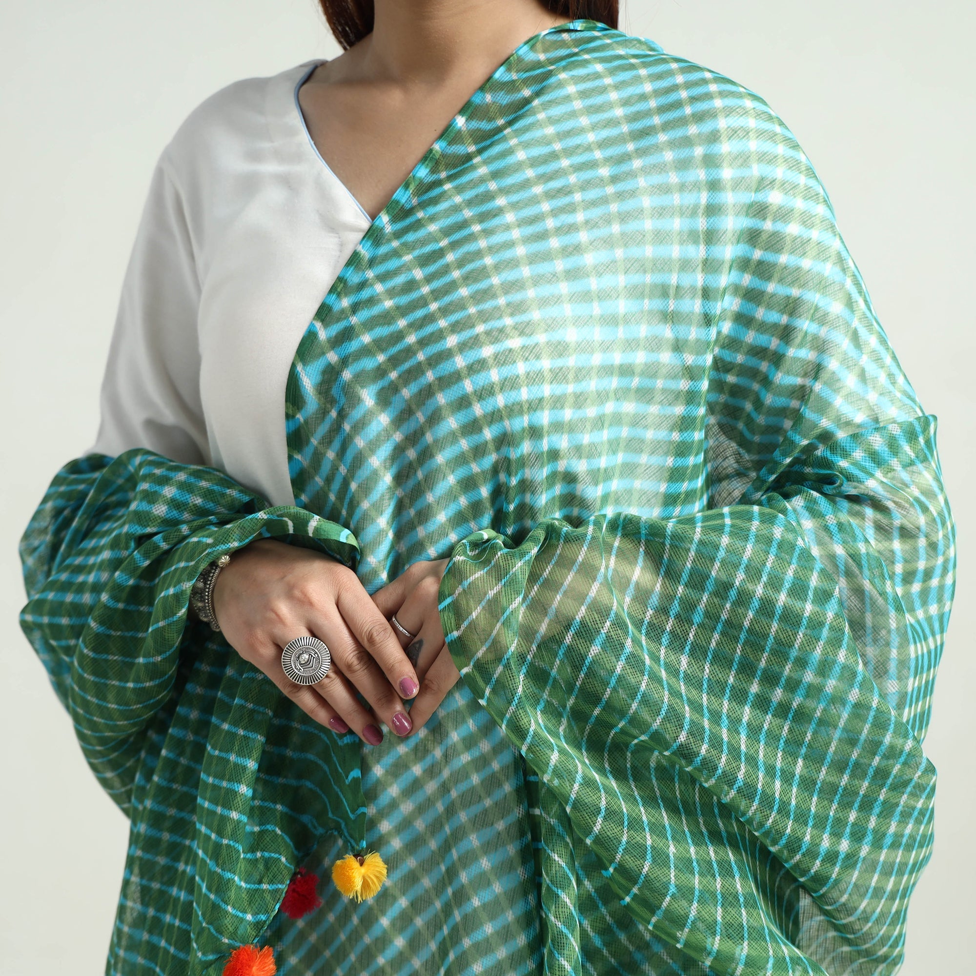 LEHARIYA BY BADSHAH MIYAN Green - Leheriya Tie-Dye Mothra Kota Doria Cotton Dupatta with Tassels 30 - view 3
