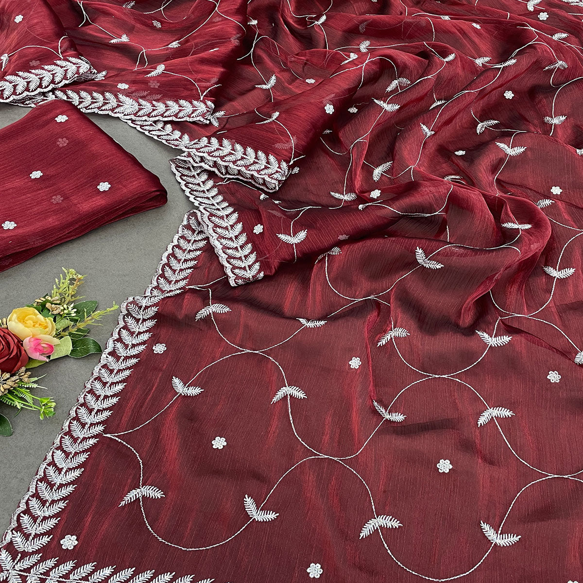 Peachmode Maroon Sequins Embroidered Chiffon Silk Saree - view 2