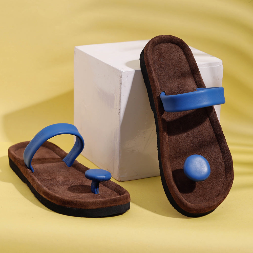 AASAI HANDICRAFT FOOTWEAR AUROVILLE Brown & Blue Handcrafted Women's Leather Slippers with Suede