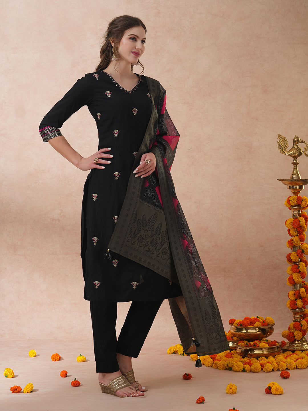 FASHOR Ethnic Floral Embroidered Straight Fit Kurta with Pant and Dupatta - Black