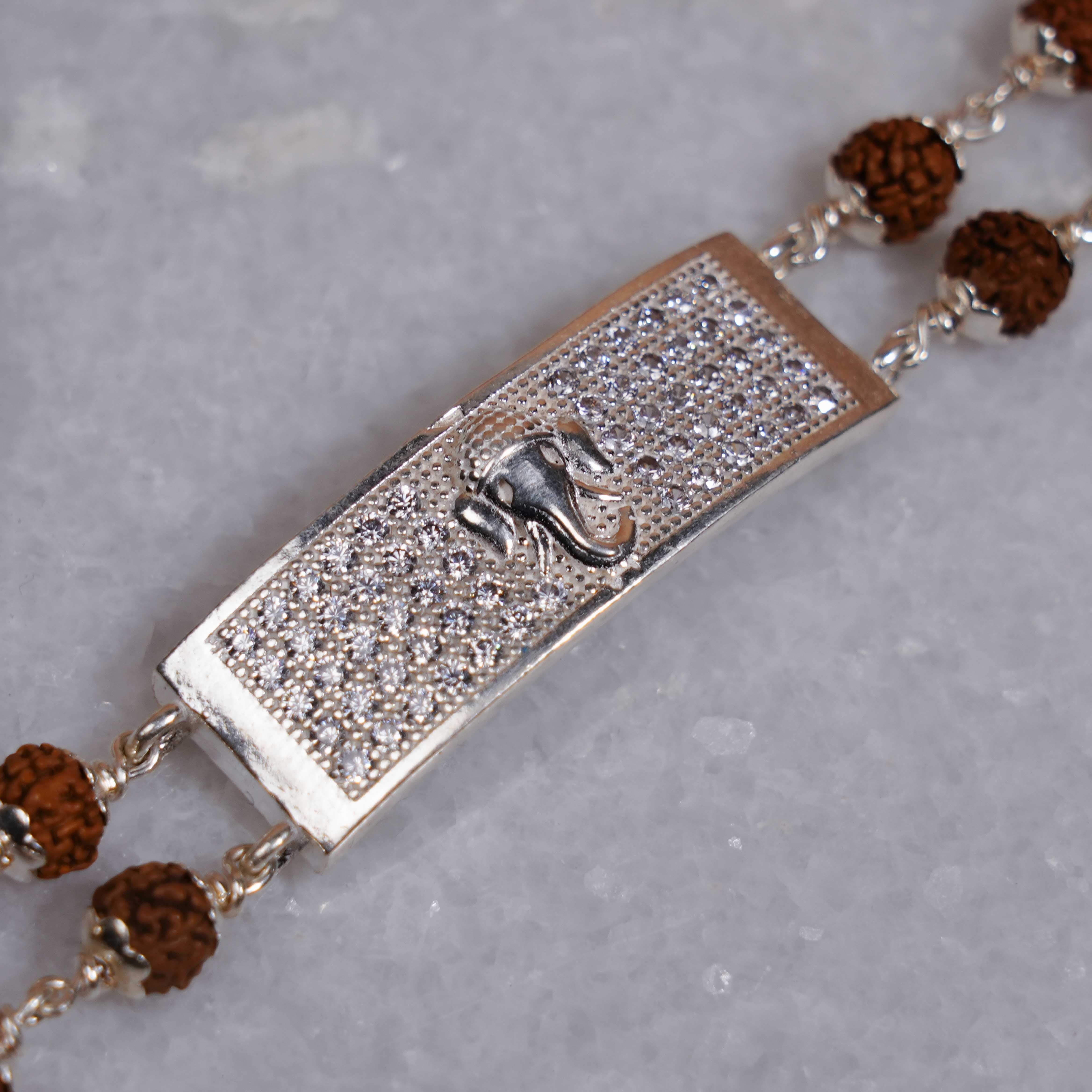 Prinjal Jewellers Rudraksha Silver Ganesh Rectangle Double Line Bracelet