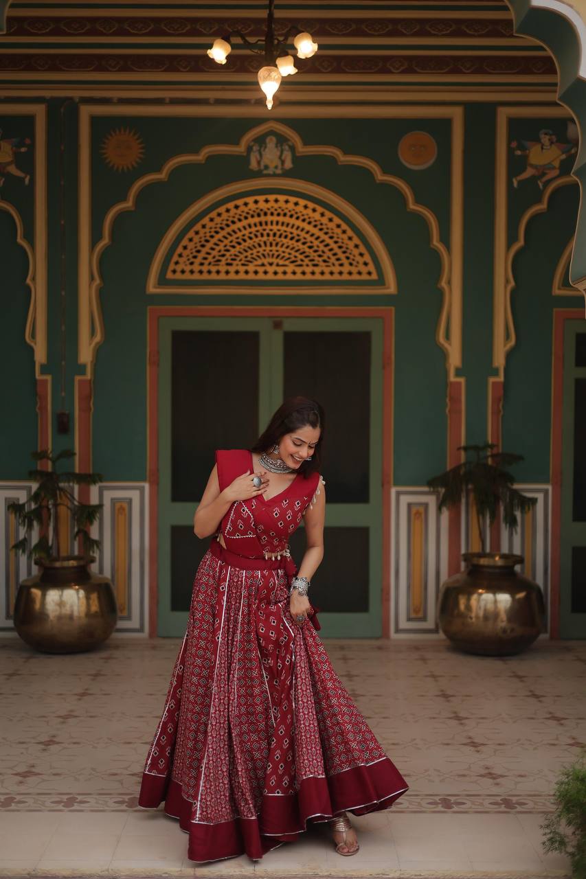 ClothsVilla Red Elegant Printed Rayon Lehenga Set with Gota Patti Lace and Kali Pattern - view 2