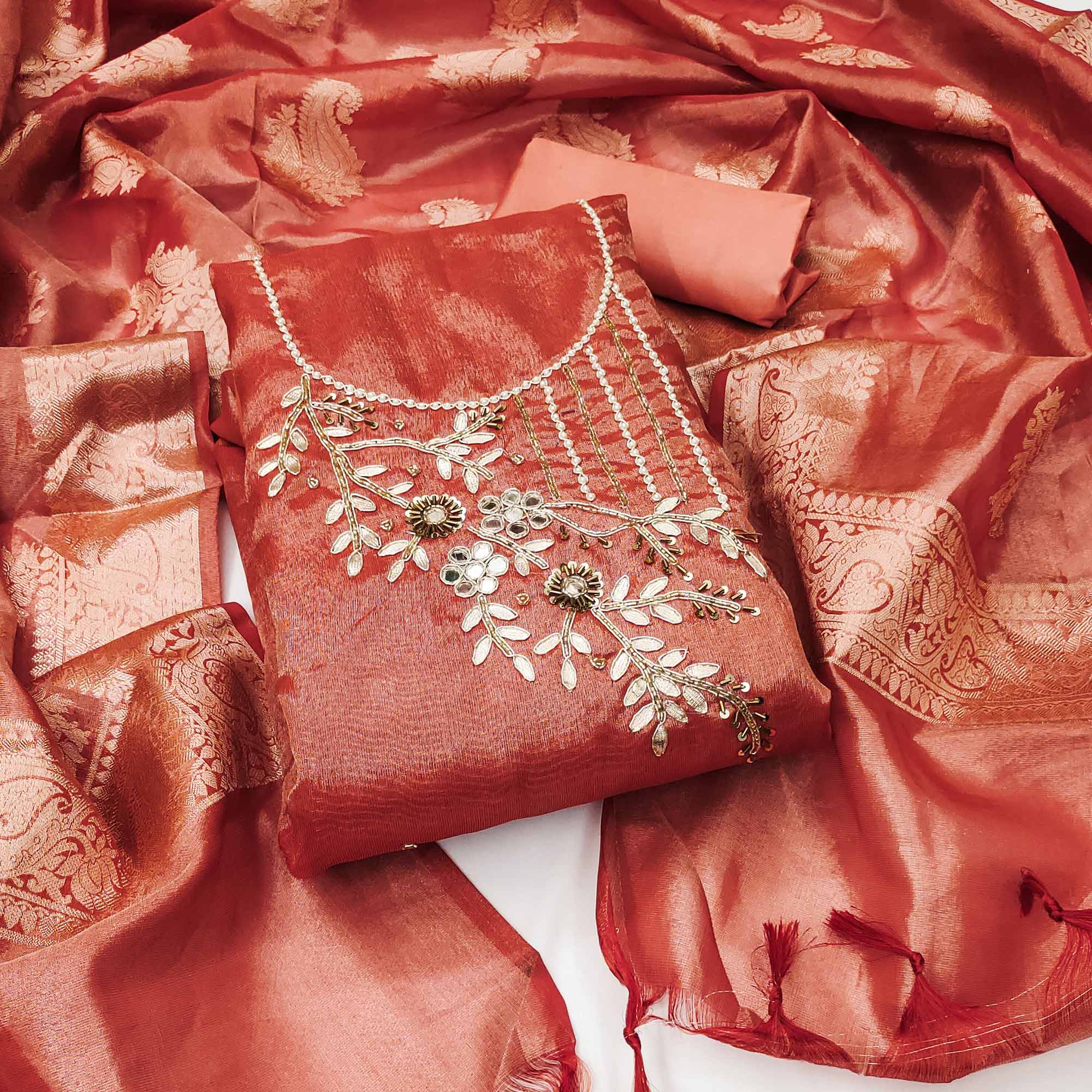 Peachmode Dark Peach Floral Moti With Gota Patti Handwork Viscose Dress Material
