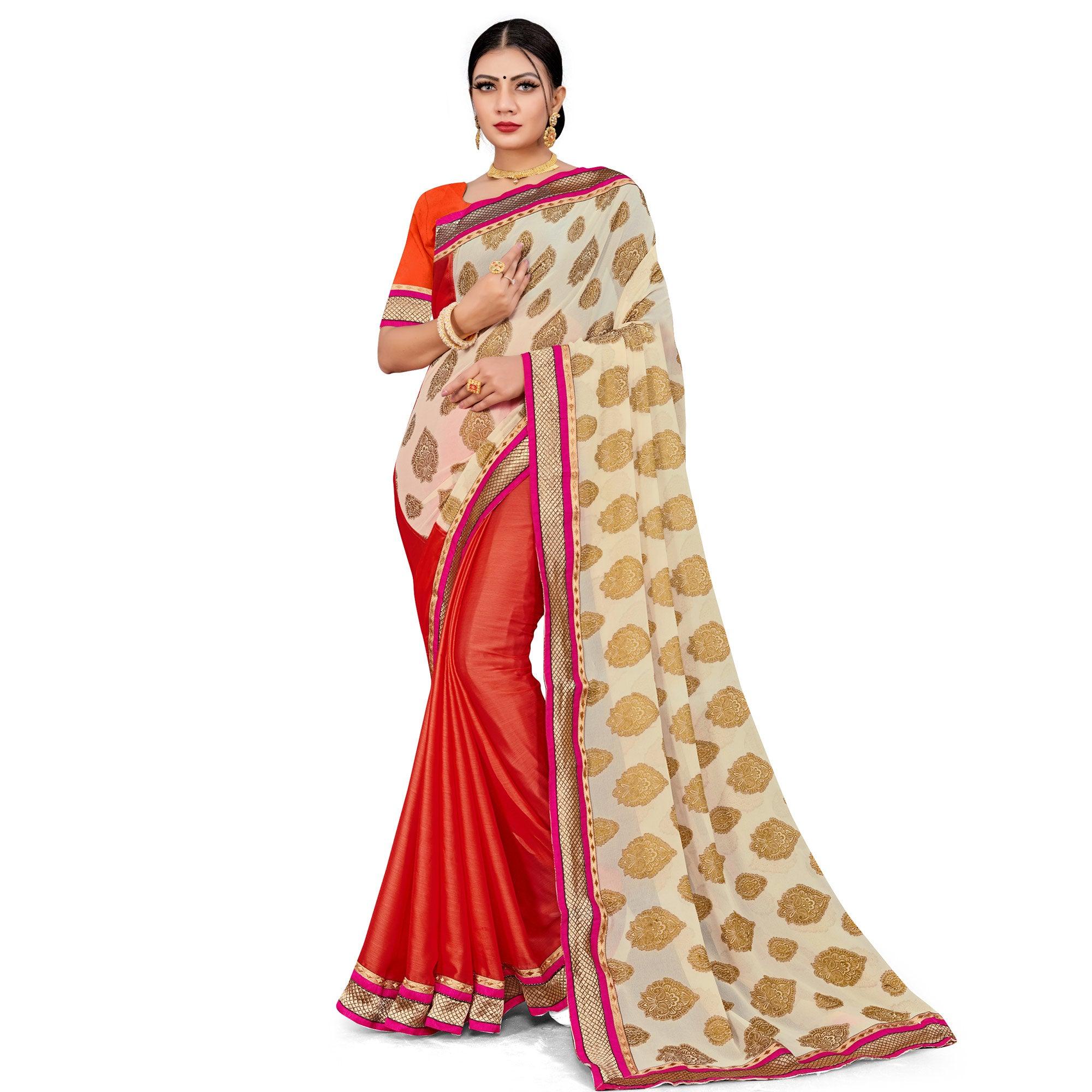 Peachmode Capricious Dark Orange-Cream Colored party Wear Georgette Half-Half Saree