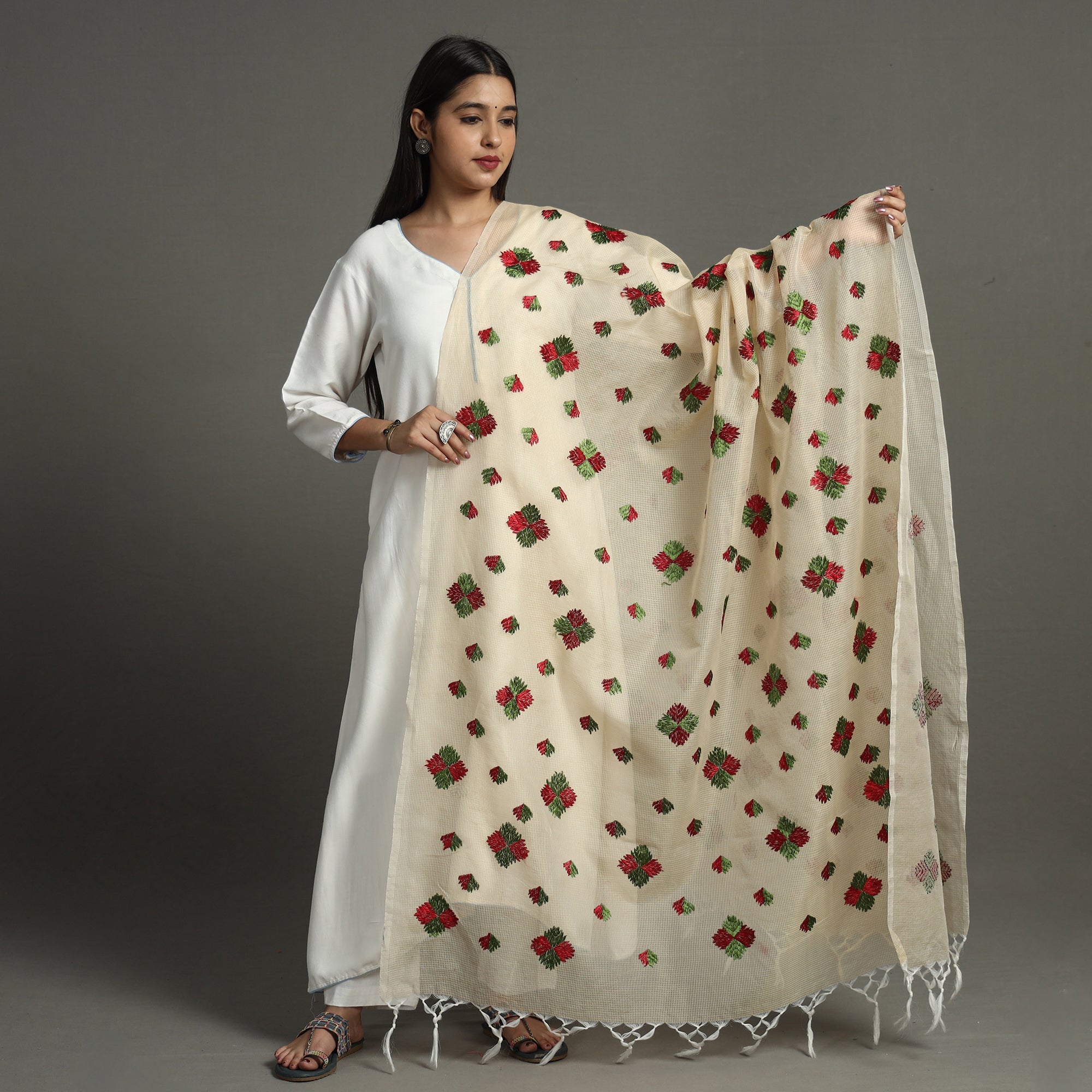 ITOKRI CRAFTS INITIATIVE Beige - Phulkari Hand Embroidery Kota Doria Chanderi Silk Dupatta with Tassels 14