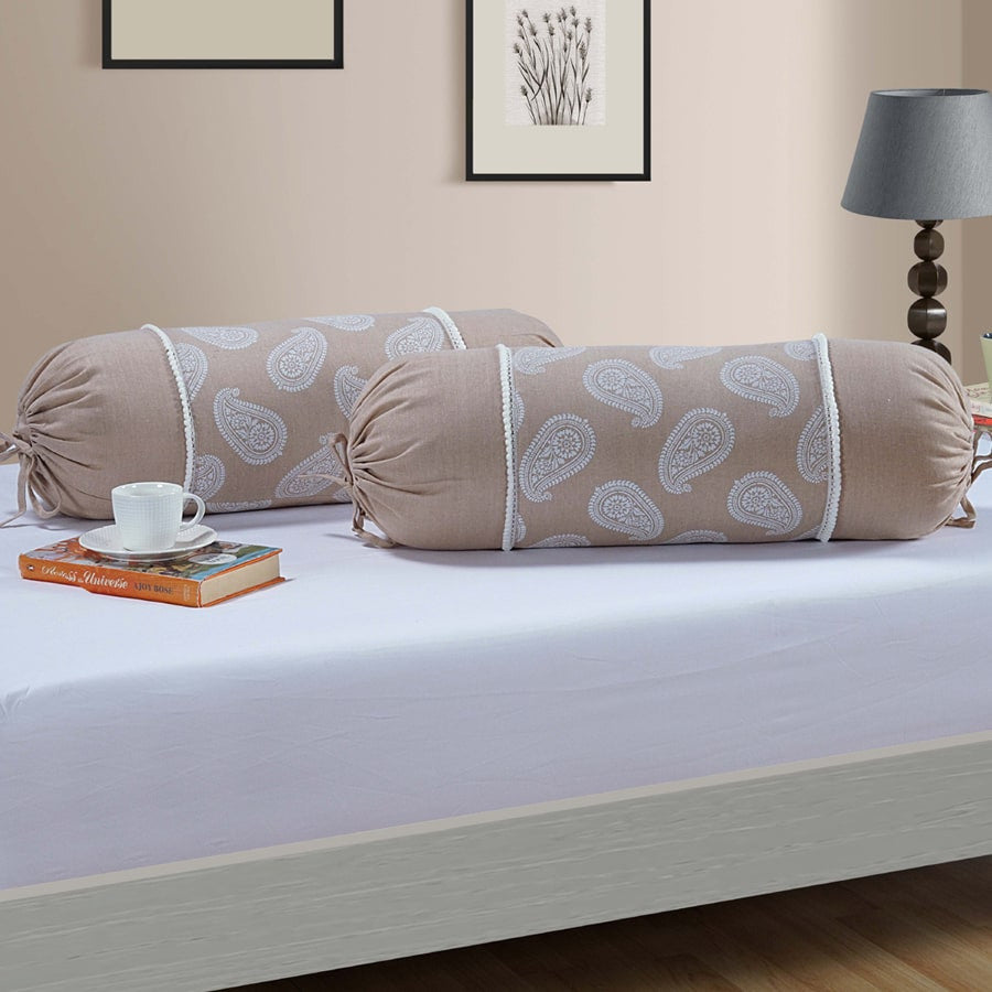 Swayam India Gharana Bolster Cover Beige And White -10505