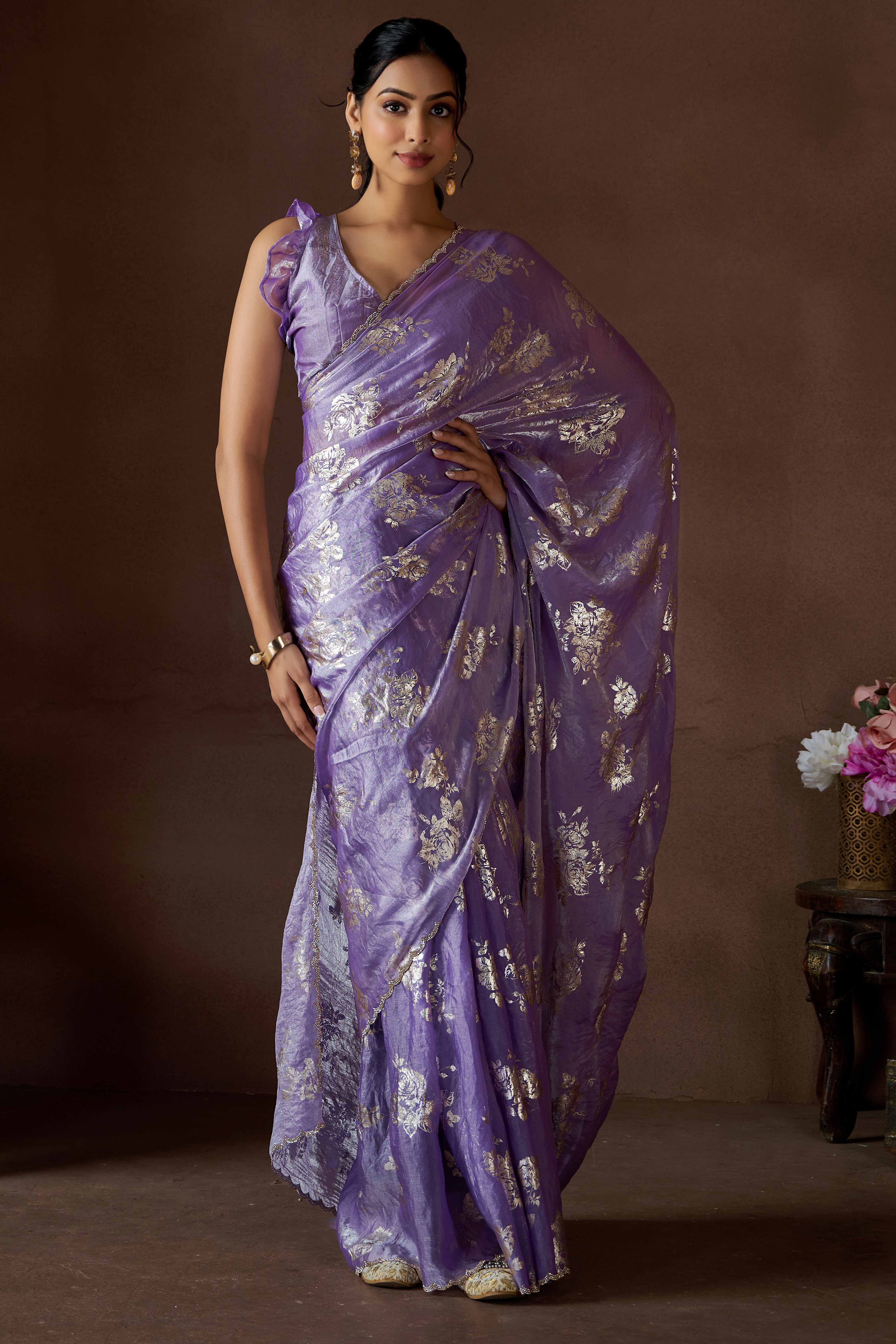 Peachmode Lavender Floral Foil Printed Satin Silk Saree With Zarkan Border