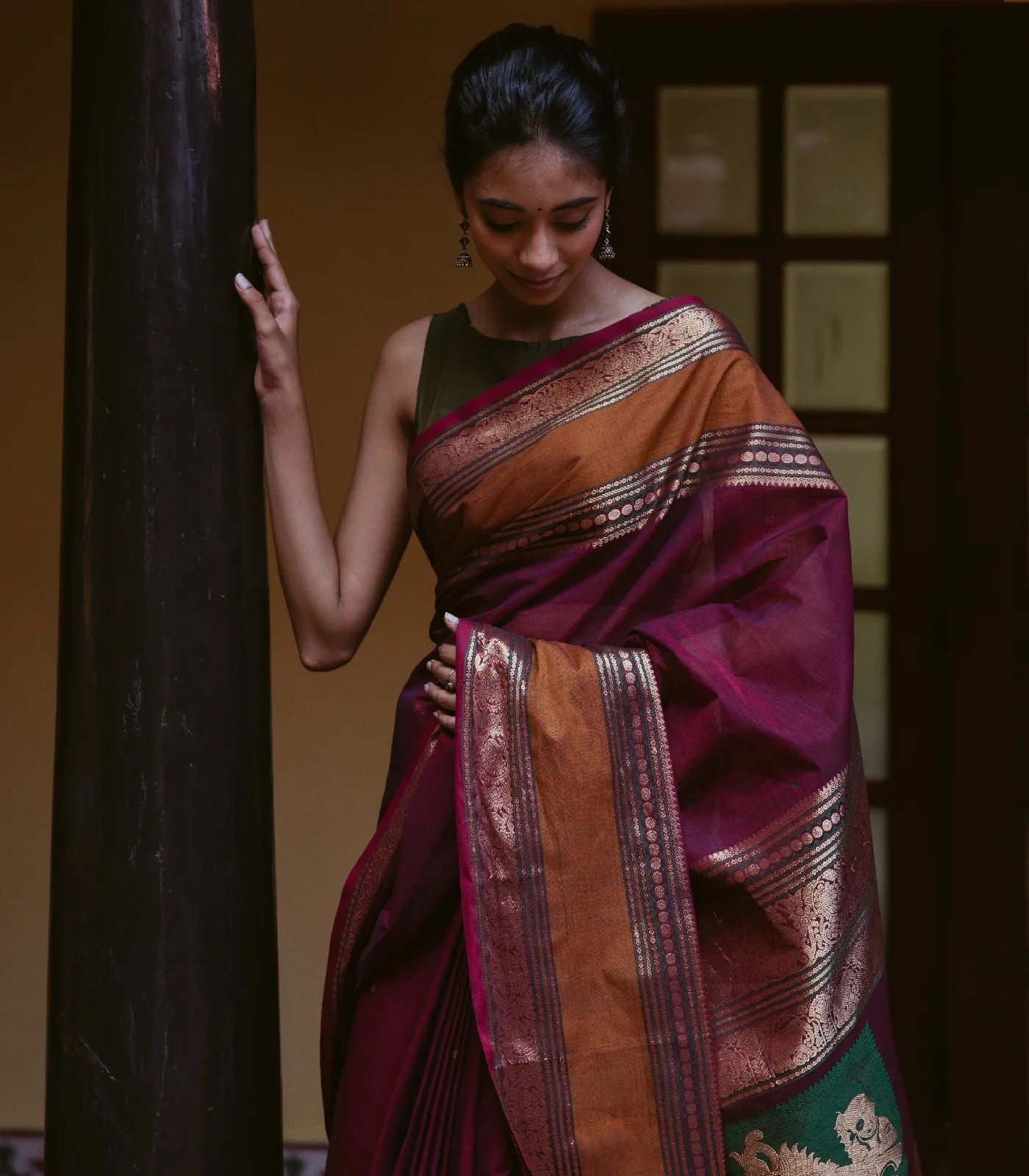 RmKV Crimson Handloom Kanchi Cotton Saree With Coin Buttas - view 2